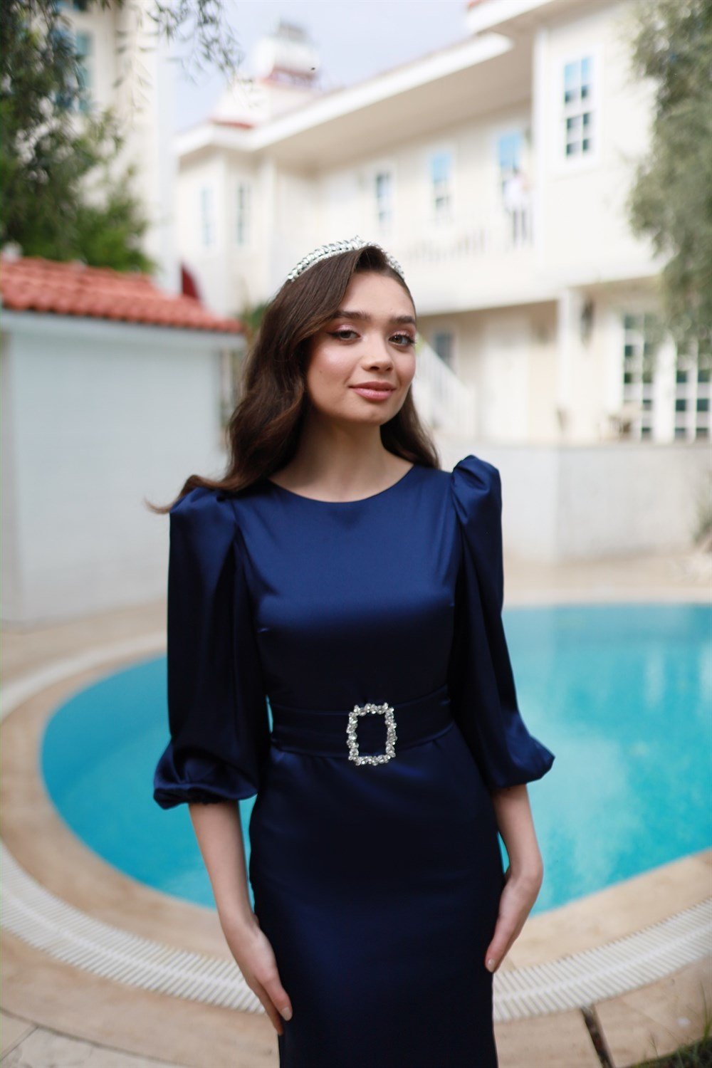 TheElsa | GİYİM | TAKI | Lily Lacivert Saten Balon Kol Balık Özel Tasarım  Abiye Elbise