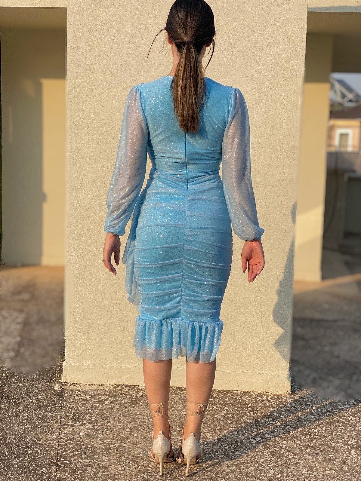 Mavi Düz Venüs Max Drapeli Elbise | TheElsa.com