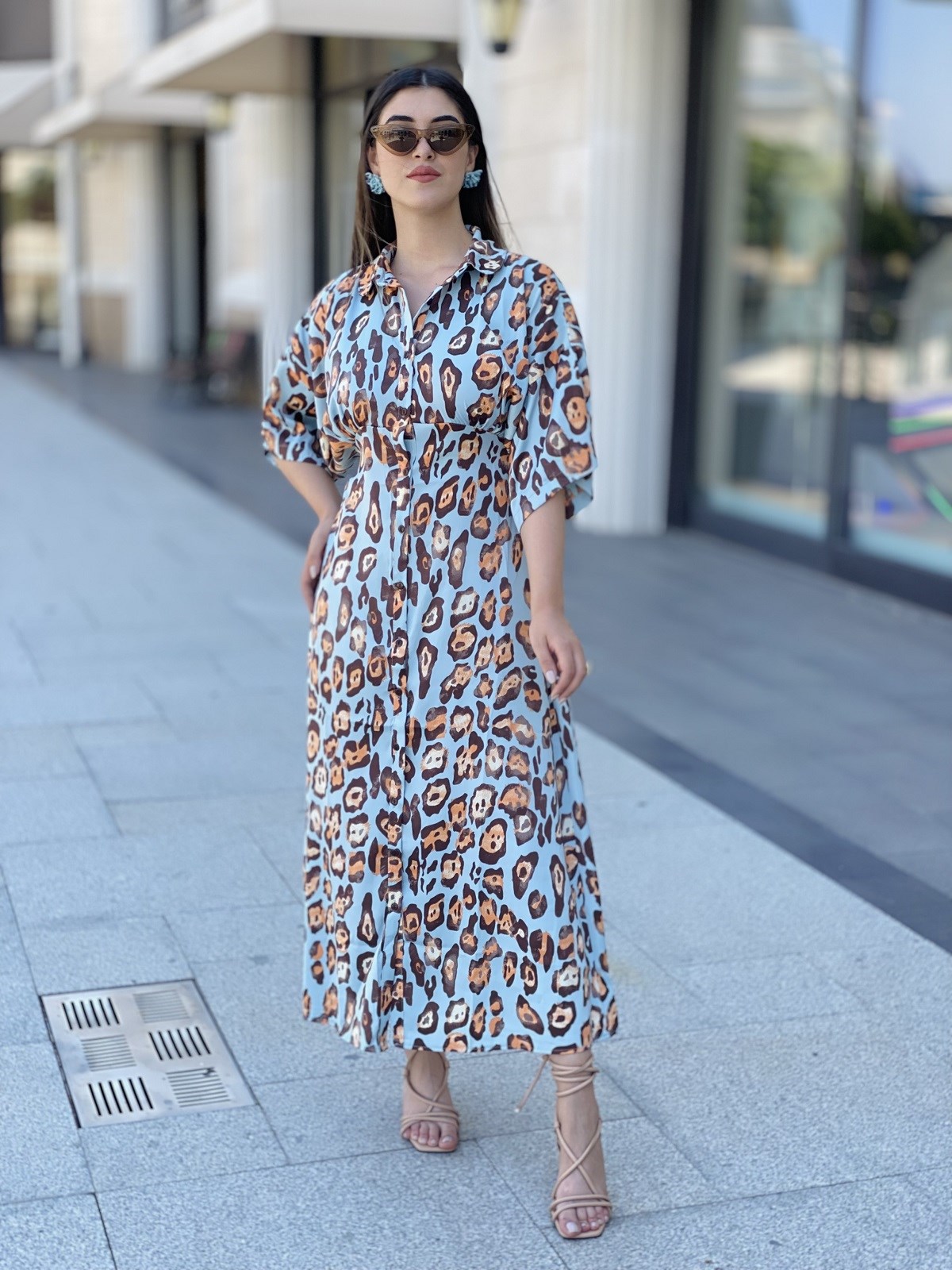 Mavi Leopar Uzun Elbise | TheElsa.com