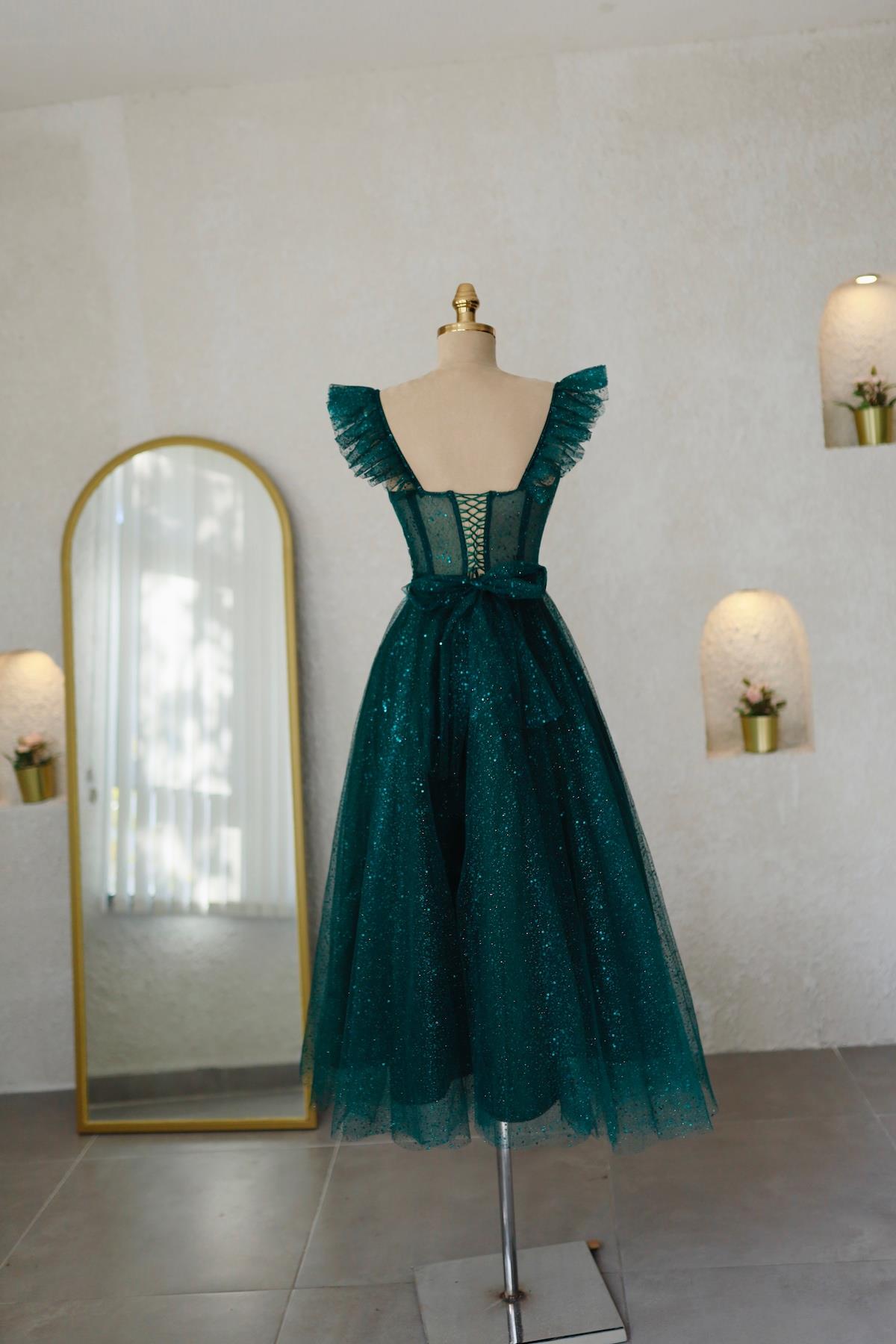 16784 Emerald Green Patterned Silvery Tulle Belt Dress