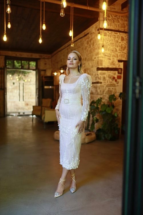 TheElsa | Özel Tasarım Isabelle Abiye Elbise ELBİSEIsabelle Beyaz Pudra Dantel Özel Tasarım Abiye Elbise