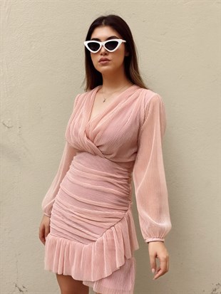 TheElsa | GİYİM | TAKI | Pudra Pembe Drapeli Venüs ElbiseELBİSEPudra Pembe Drapeli Venüs Elbise