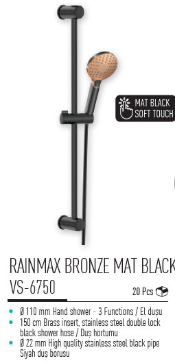 Valtemo Rainmax Bronze Mat Black Slidin Duş Seti VS-6750 