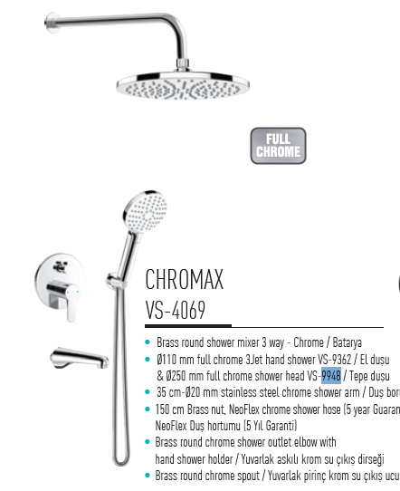 Valtemo Rainmax Chromax Duş Seti VS-9948