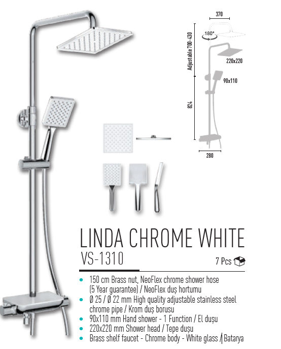 Valtemo Shelf Faucet Linda Chrome White Rain Duş Seti VS-1310 