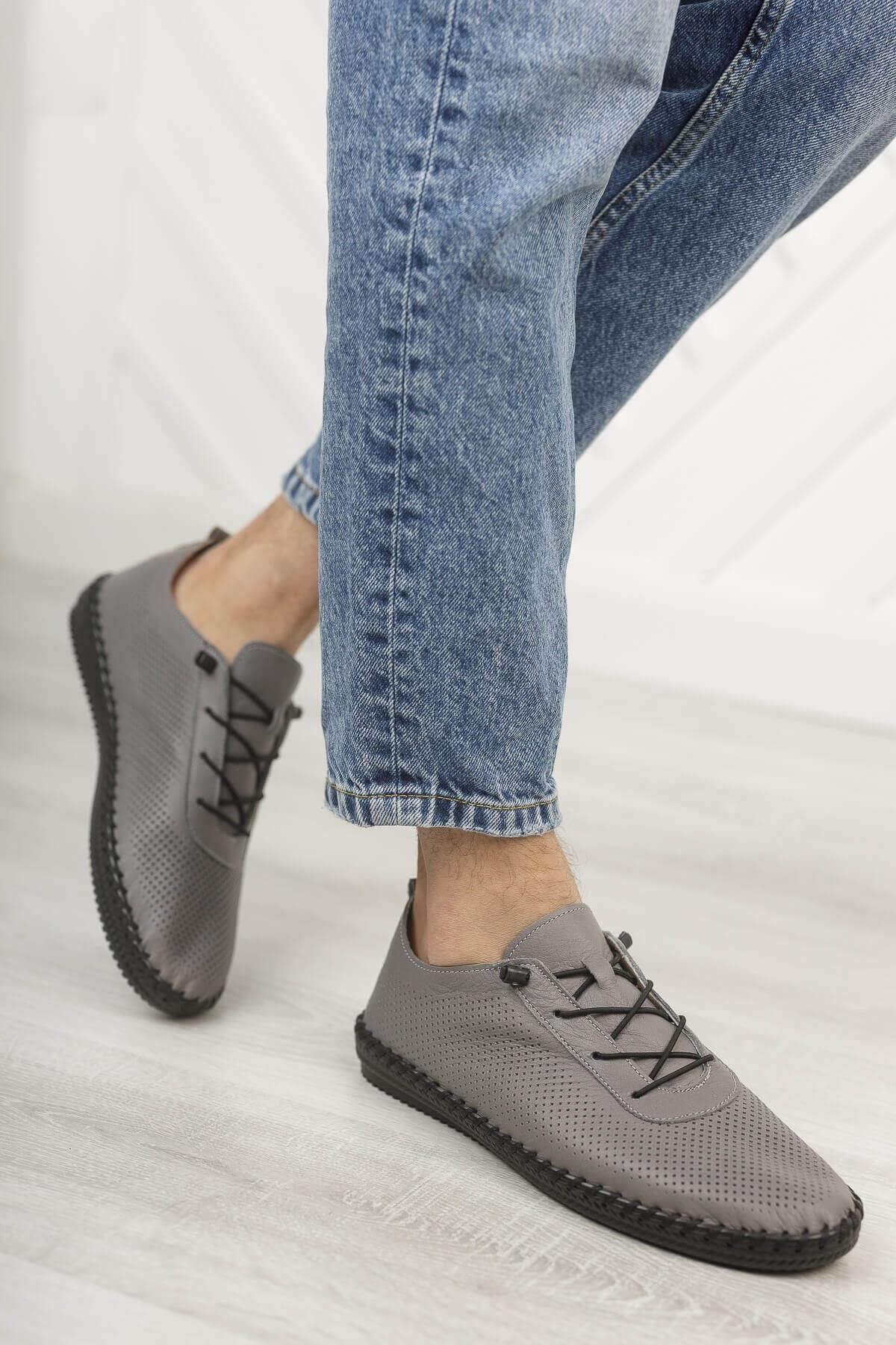 Hakiki Deri Gri Lazerli Erkek Loafer Günlük Ayakkabı - Morenica