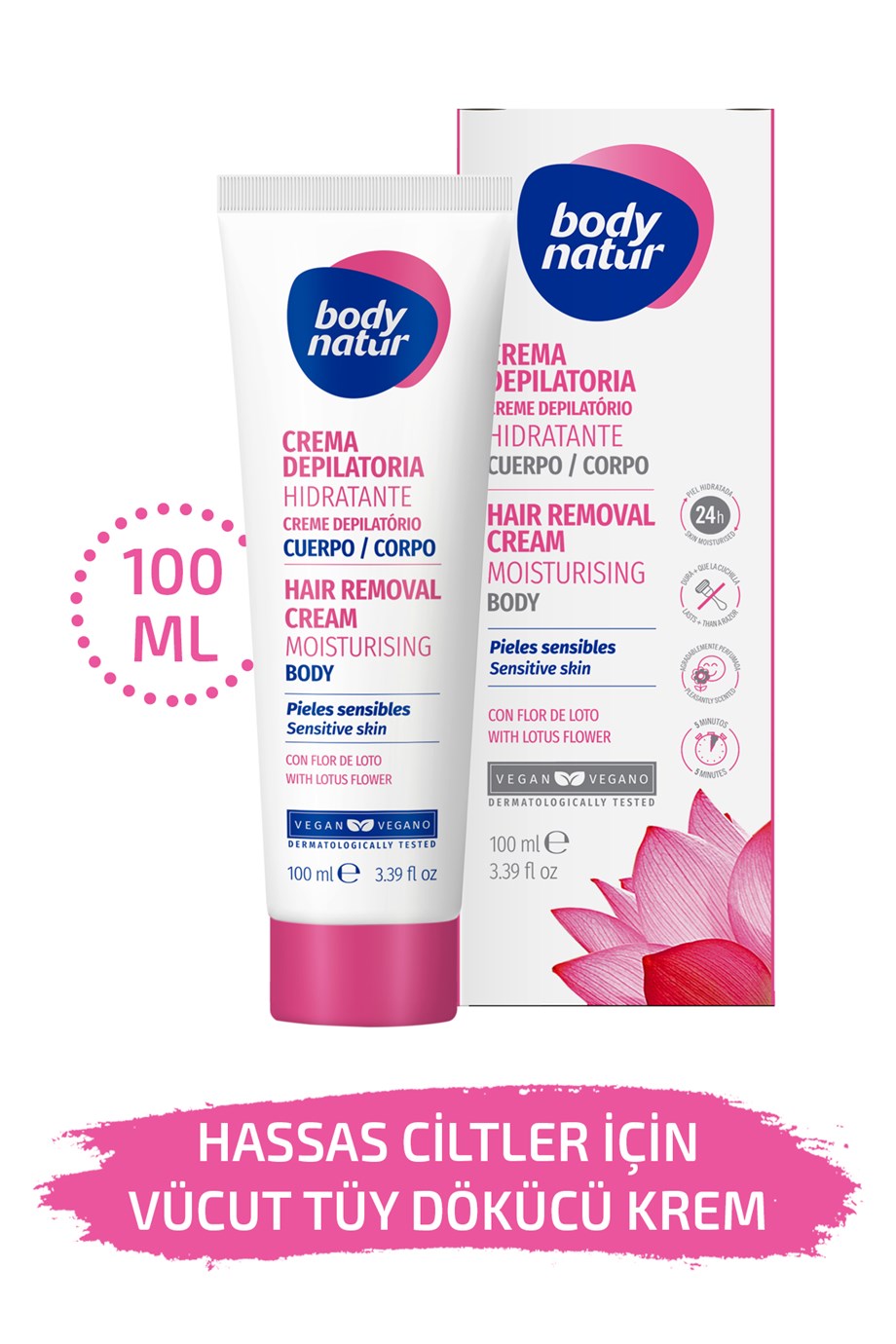 Body Natur Hassas Cilt Vücut Tüy Dökücü Nemlendirici Krem Lotus Çiçekli -  Hair Removal Cream Sensitive 100ml