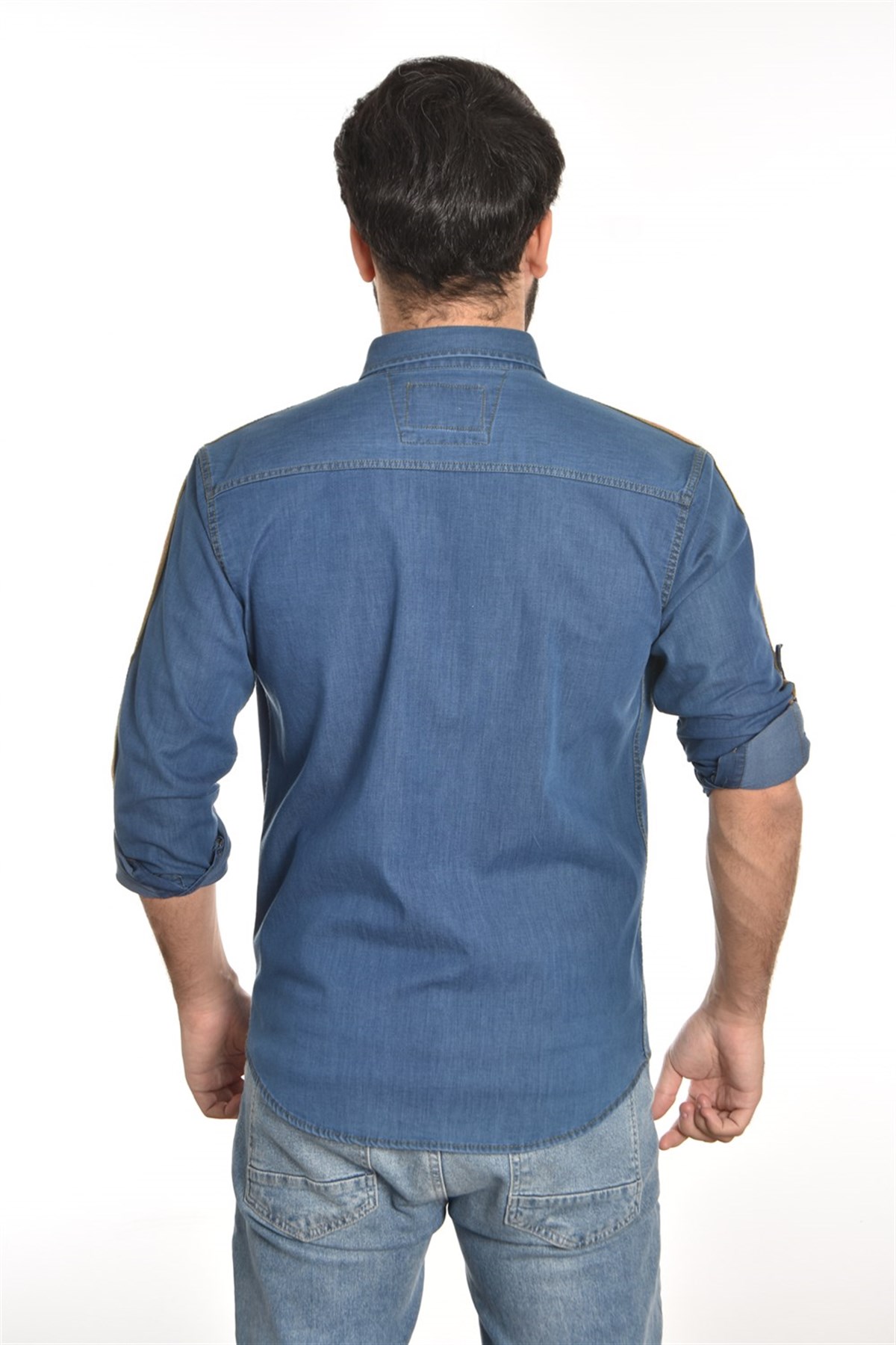 Erkek Klasik Yaka Şeritli Denim Uzun Kol Gömlek