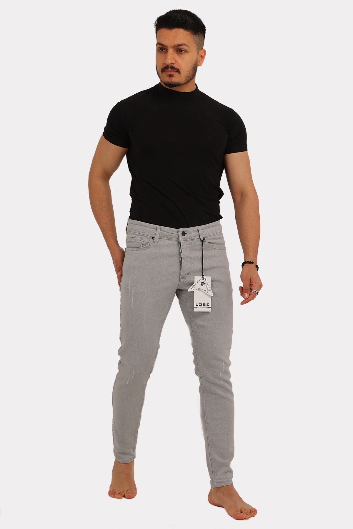 Erkek Skinny Fit Gri Destroy Jean Pantolon
