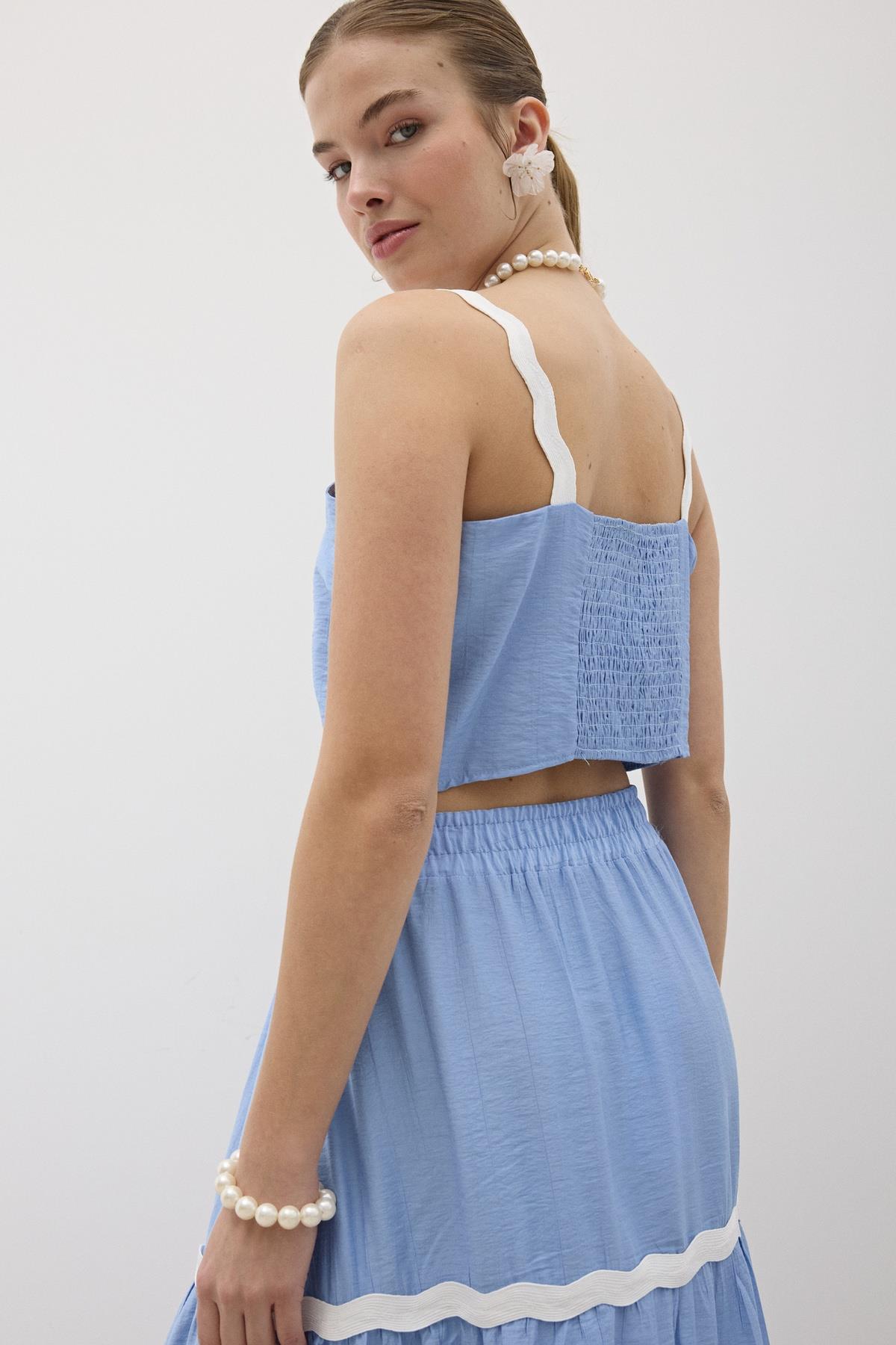 Askılı Su Taşı Desenli Crop Bluz MAVİ