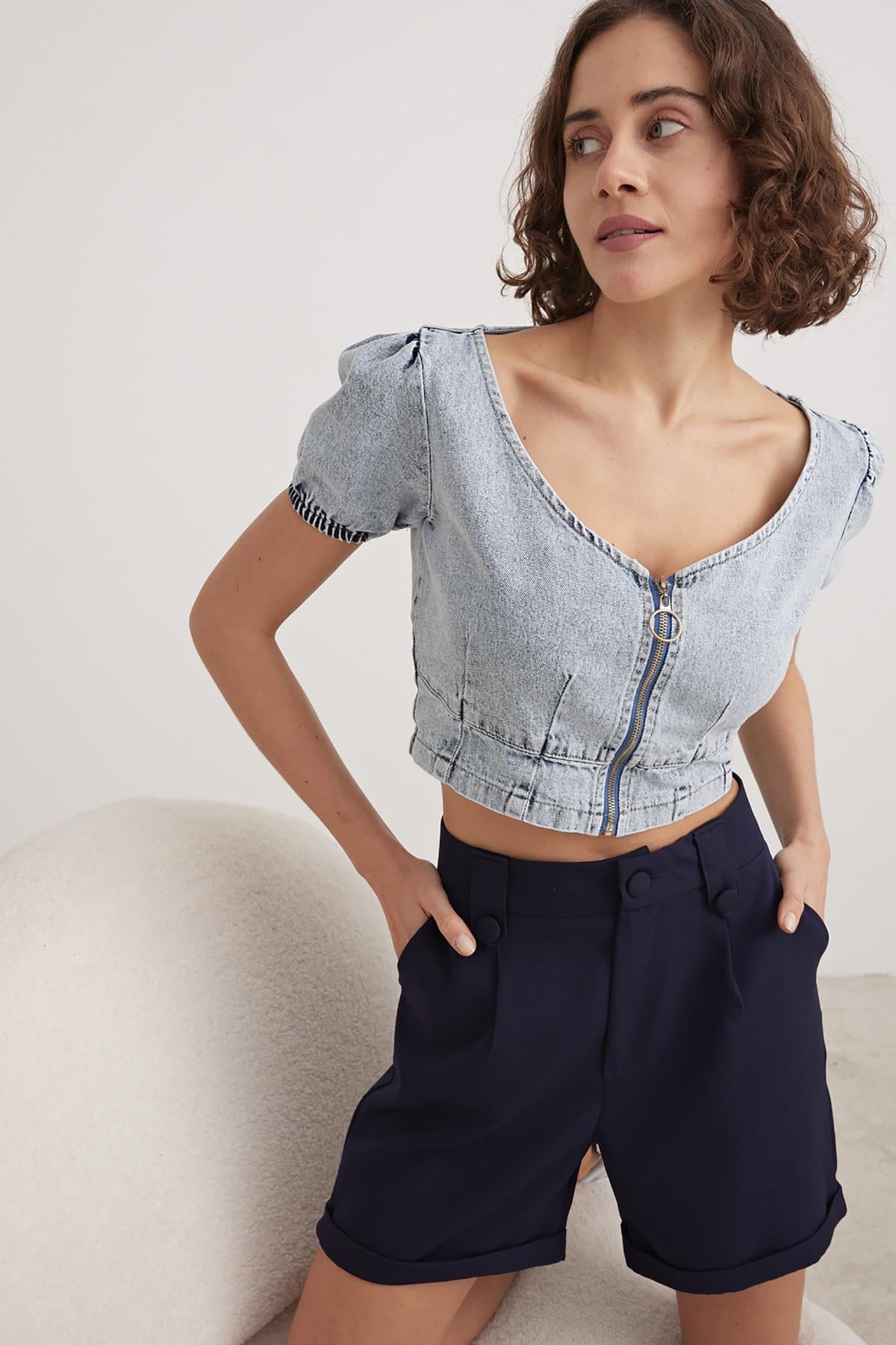 Kadın Fermuarlı Crop Kot Bluz BLUE