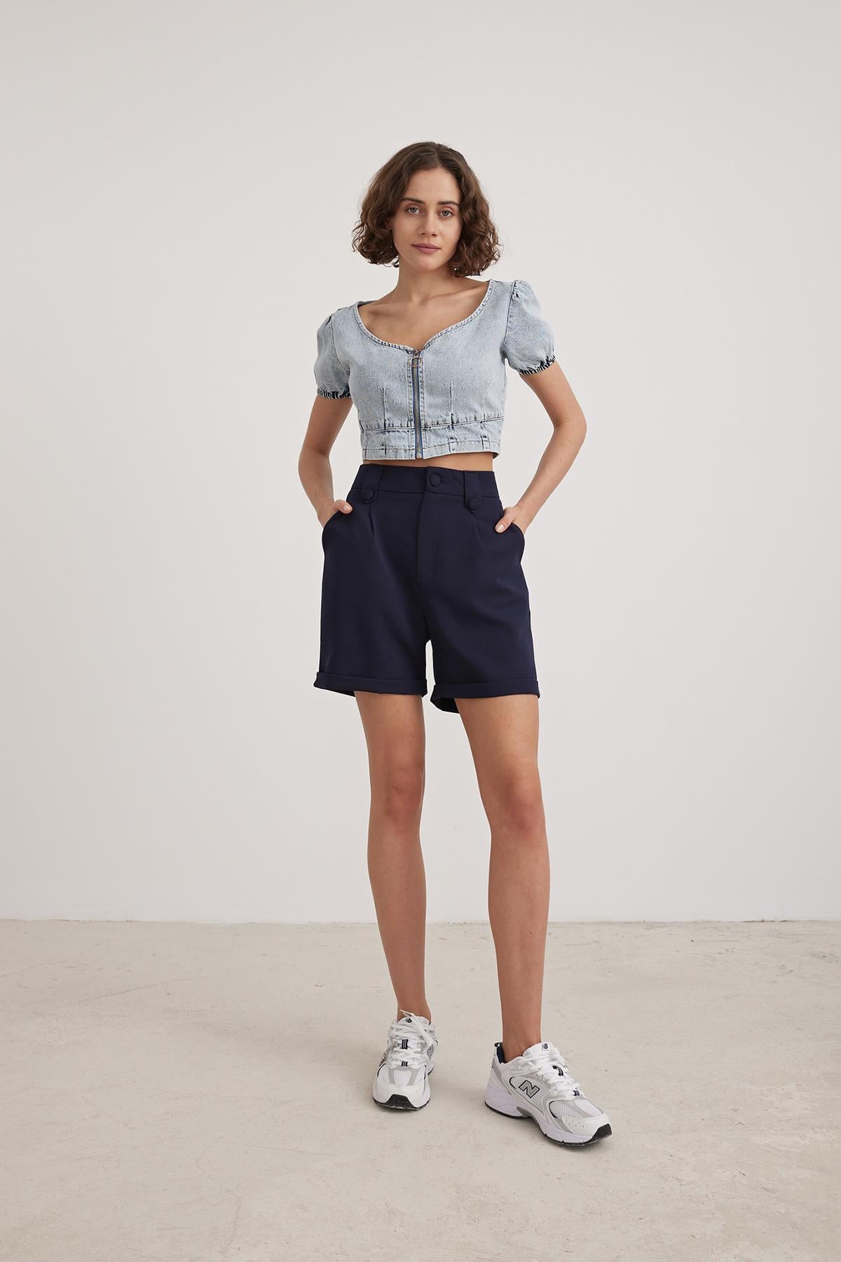 Kadın Fermuarlı Crop Kot Bluz BLUE