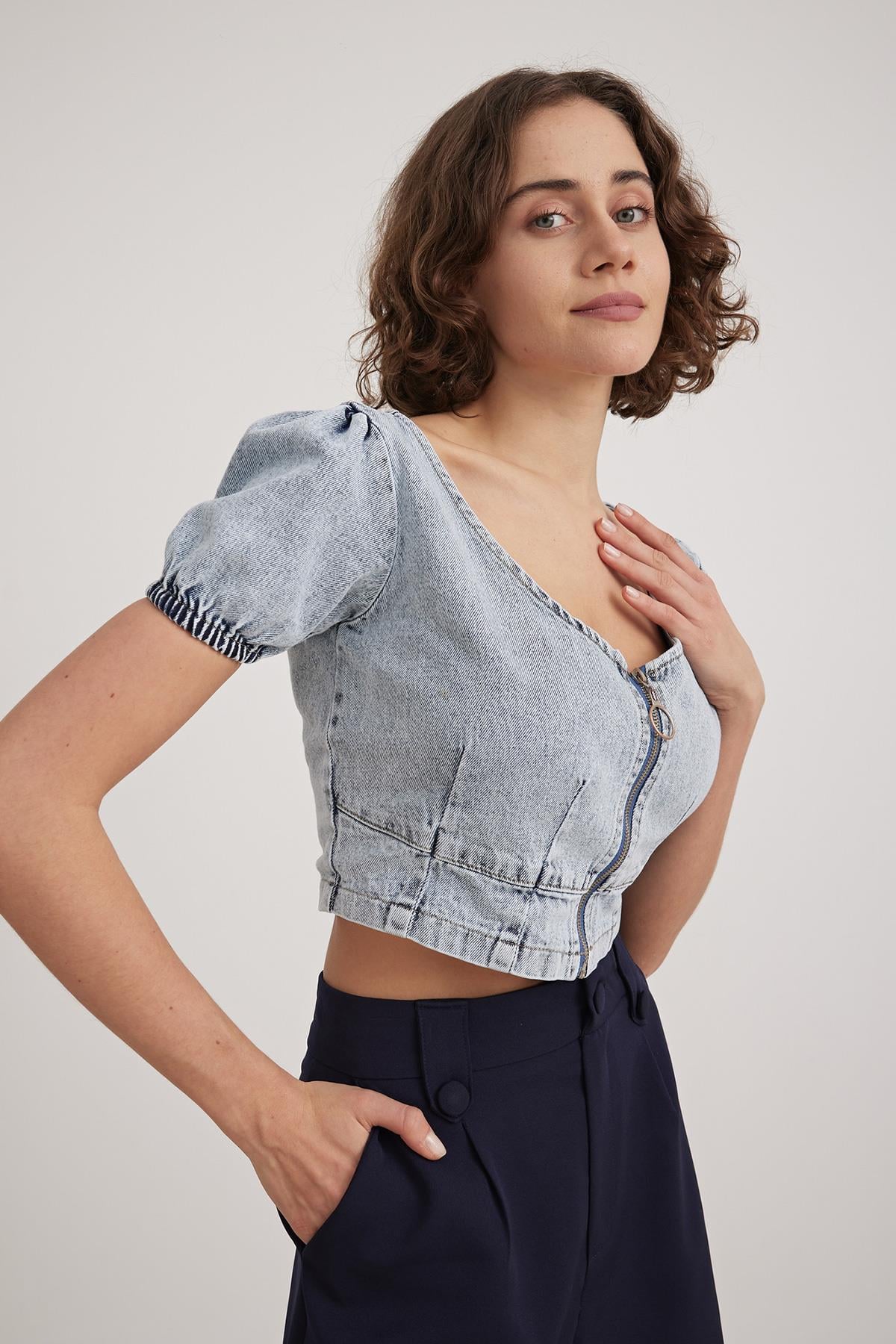 Kadın Fermuarlı Crop Kot Bluz BLUE