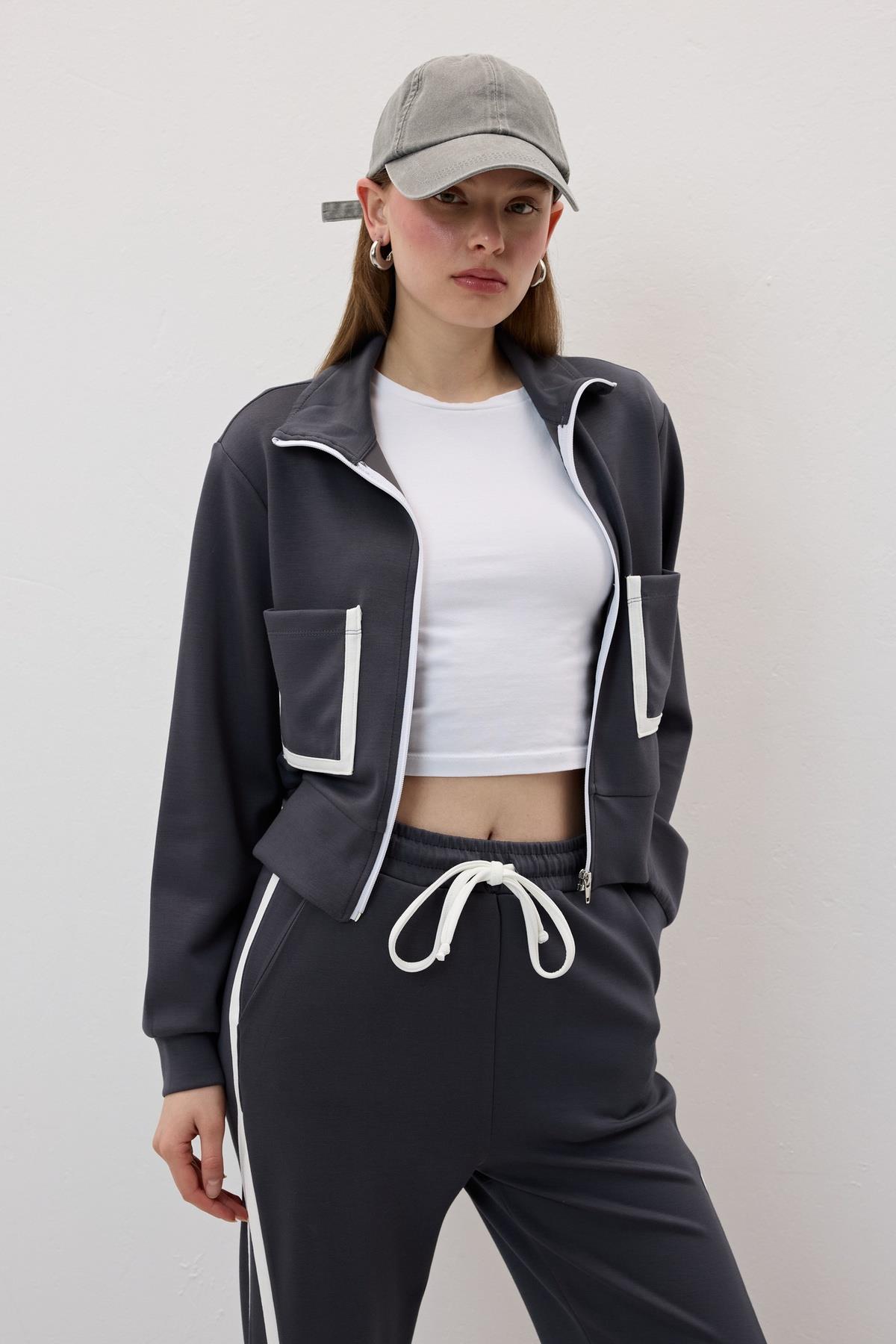 Cep Detaylı Önü Fermuarlı Sweatshirt ANTRASİT