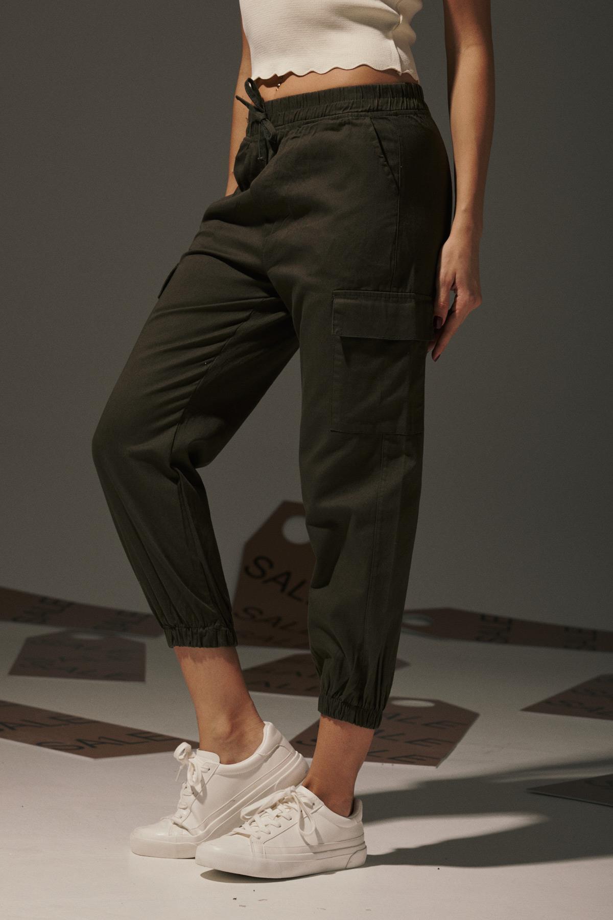 Gabardin Beli Lastik Kadın Pantalon HAKİ
