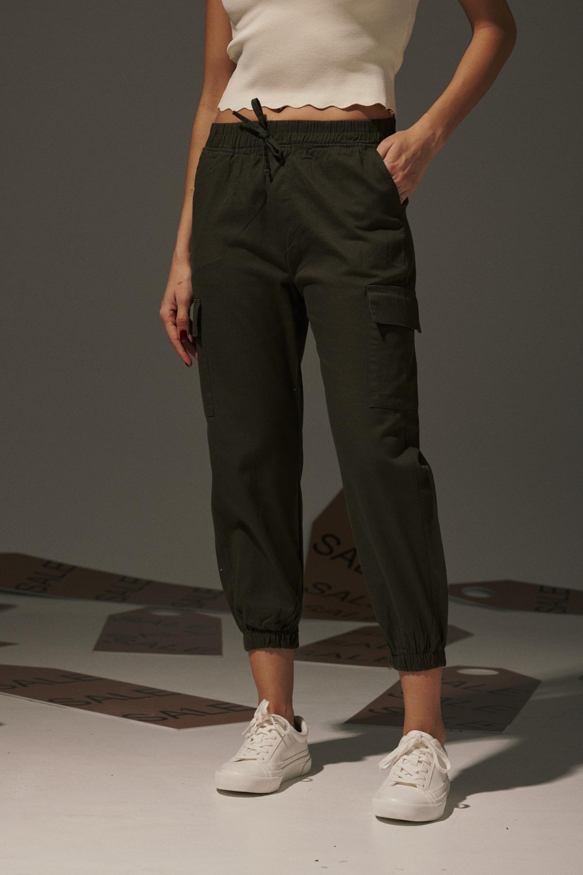 Gabardin Beli Lastik Kadın Pantalon HAKİ
