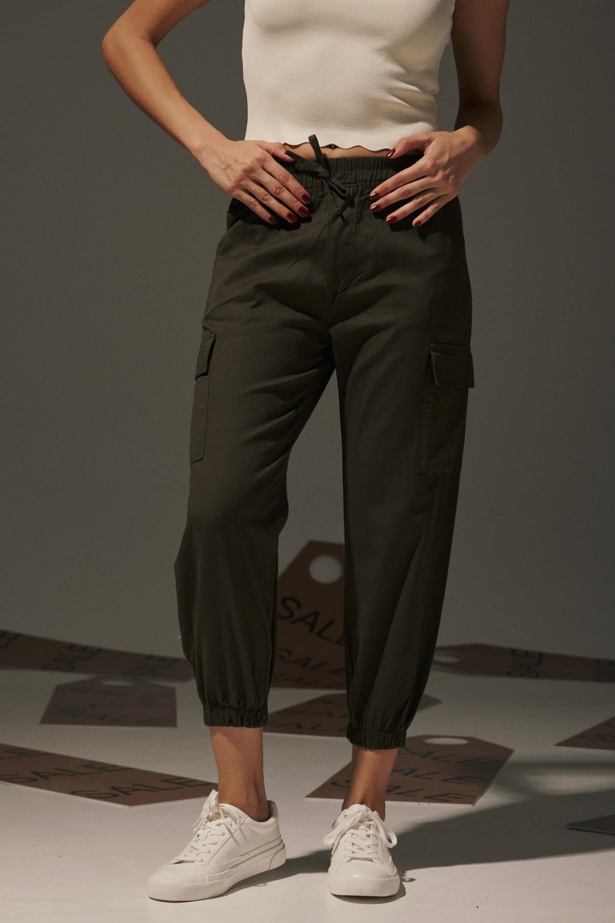 Gabardin Beli Lastik Kadın Pantalon HAKİ