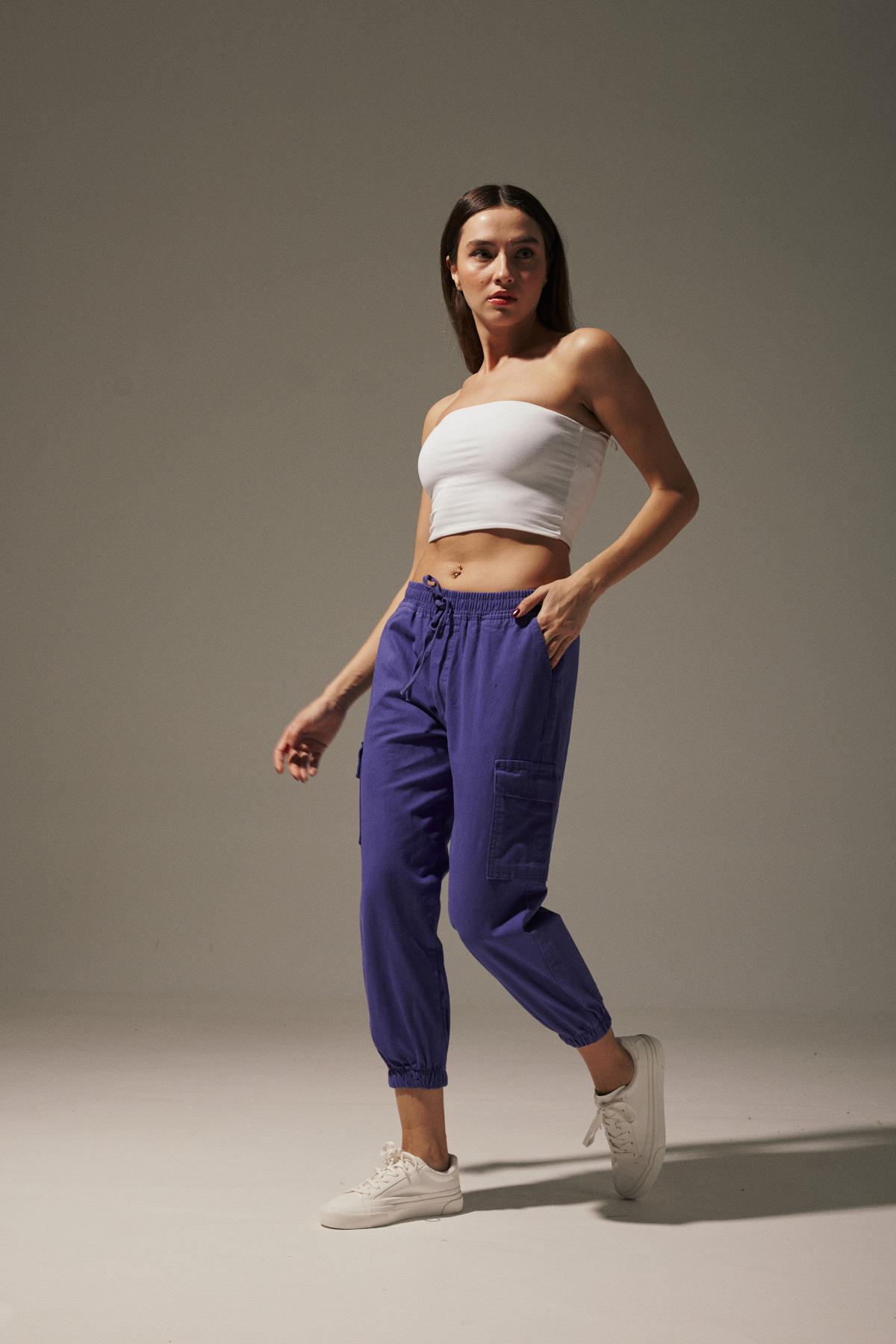 Gabardin Beli Lastik Kadın Pantalon LİLA