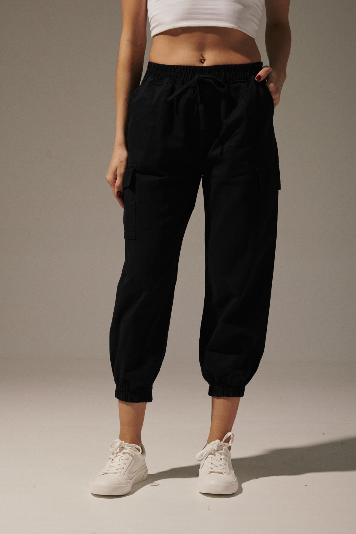 Gabardin Beli Lastik Kadın Pantalon SİYAH
