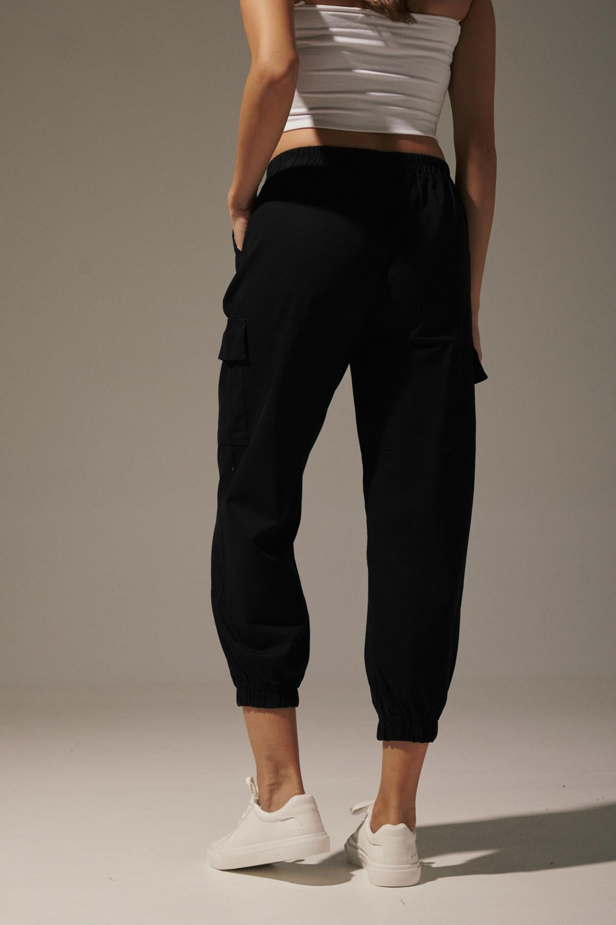 Gabardin Beli Lastik Kadın Pantalon SİYAH