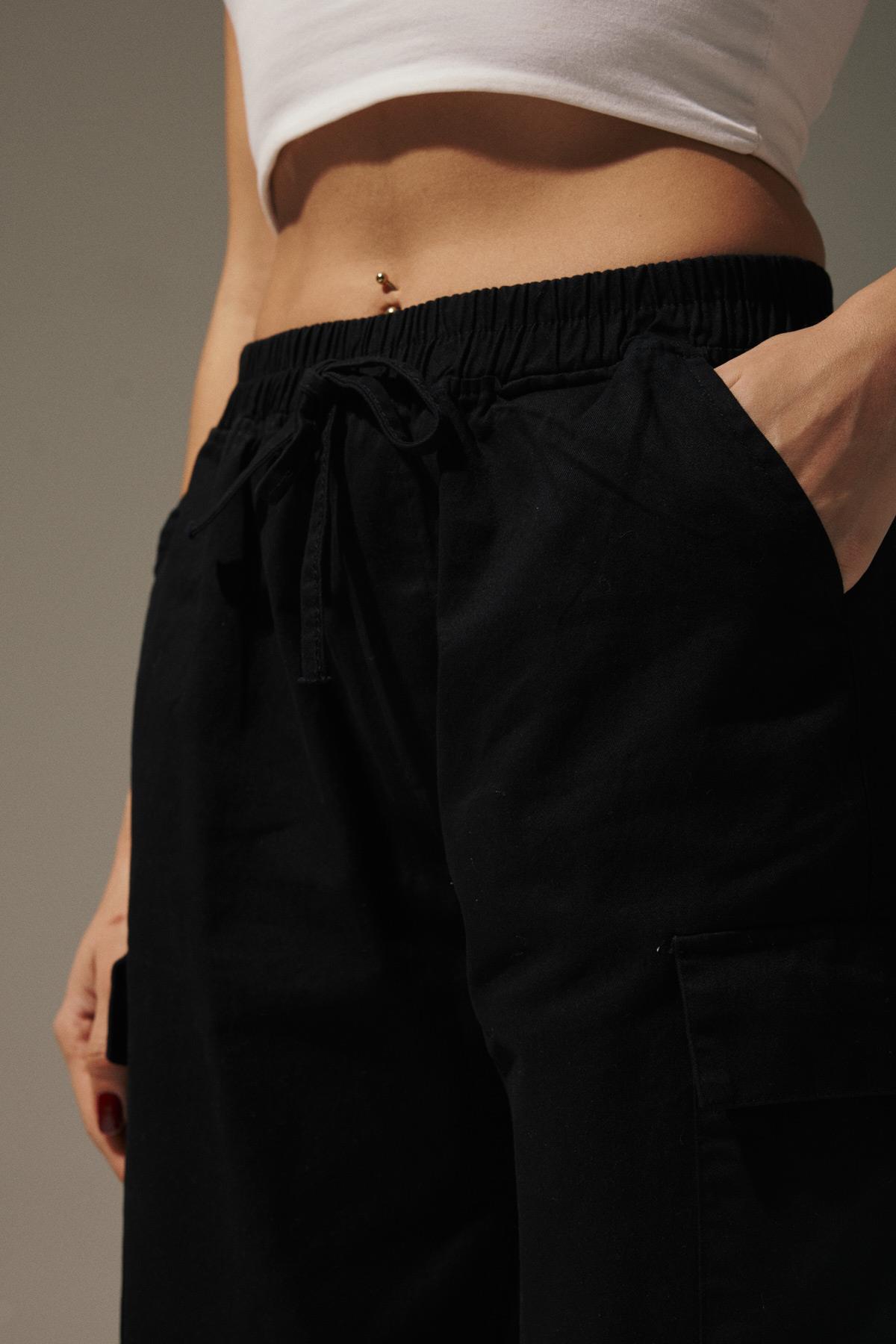 Gabardin Beli Lastik Kadın Pantalon SİYAH