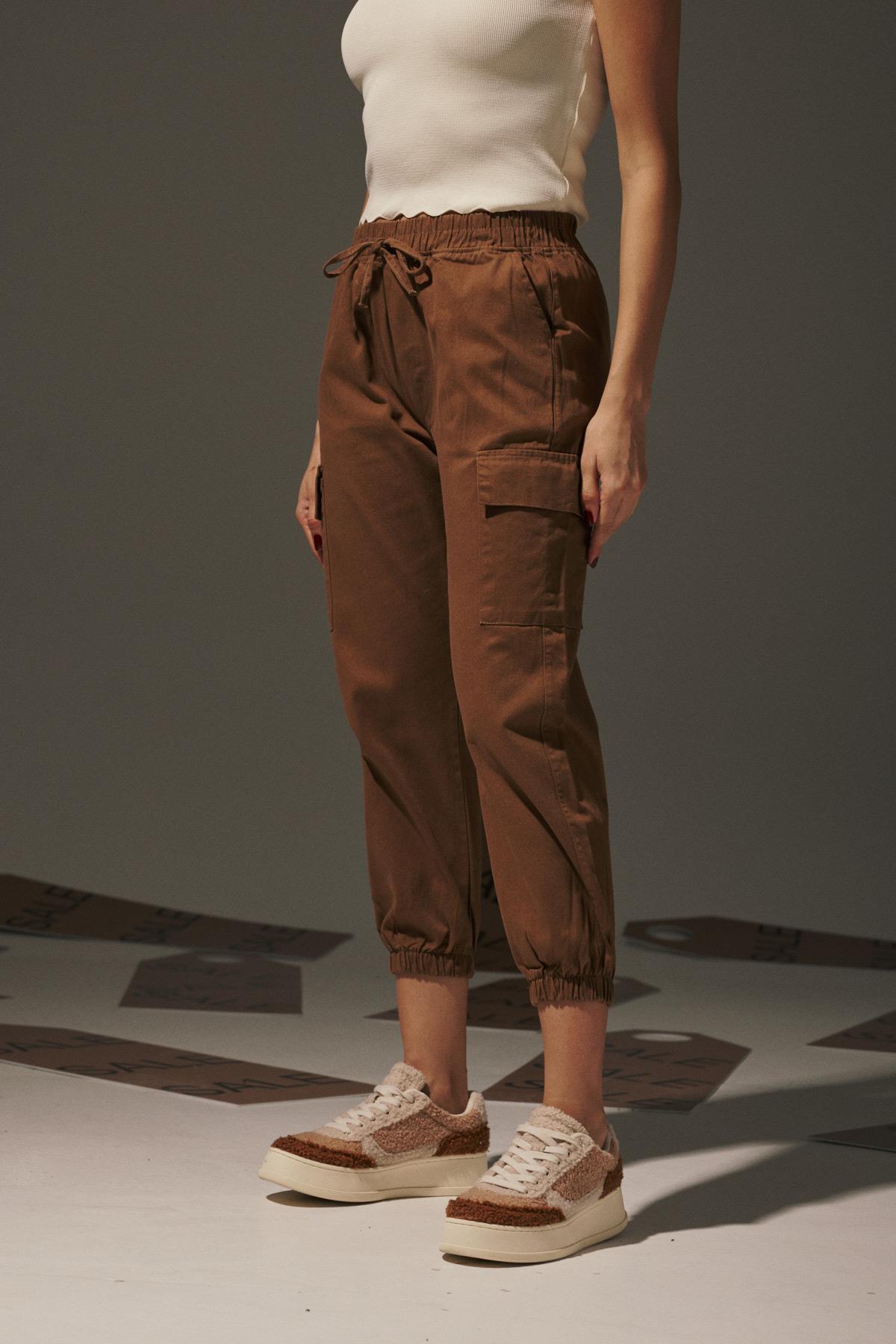 Gabardin Beli Lastik Kadın Pantalon TABA