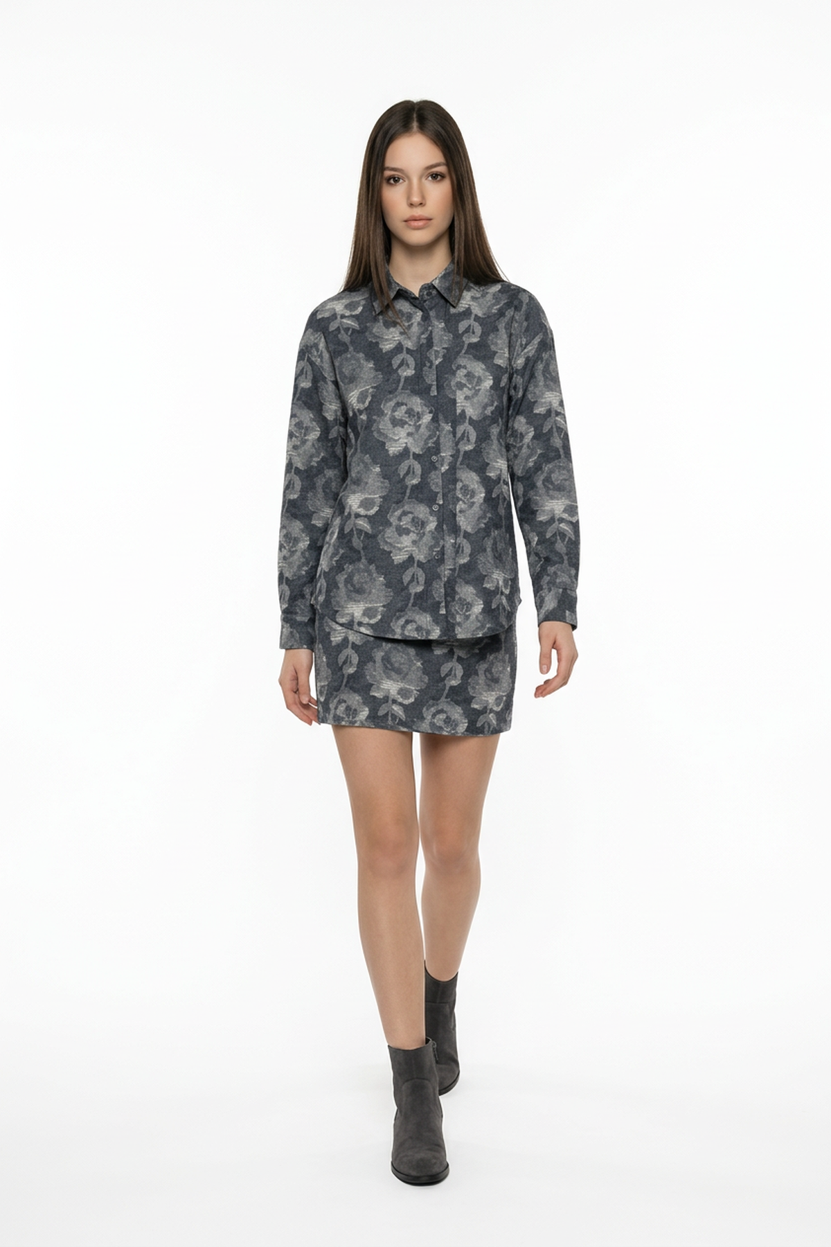 Gül Desenli Oversize Gömlek ANTRASİT