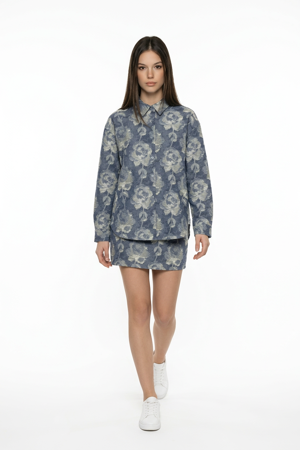 Gül Desenli Oversize Gömlek BLUE