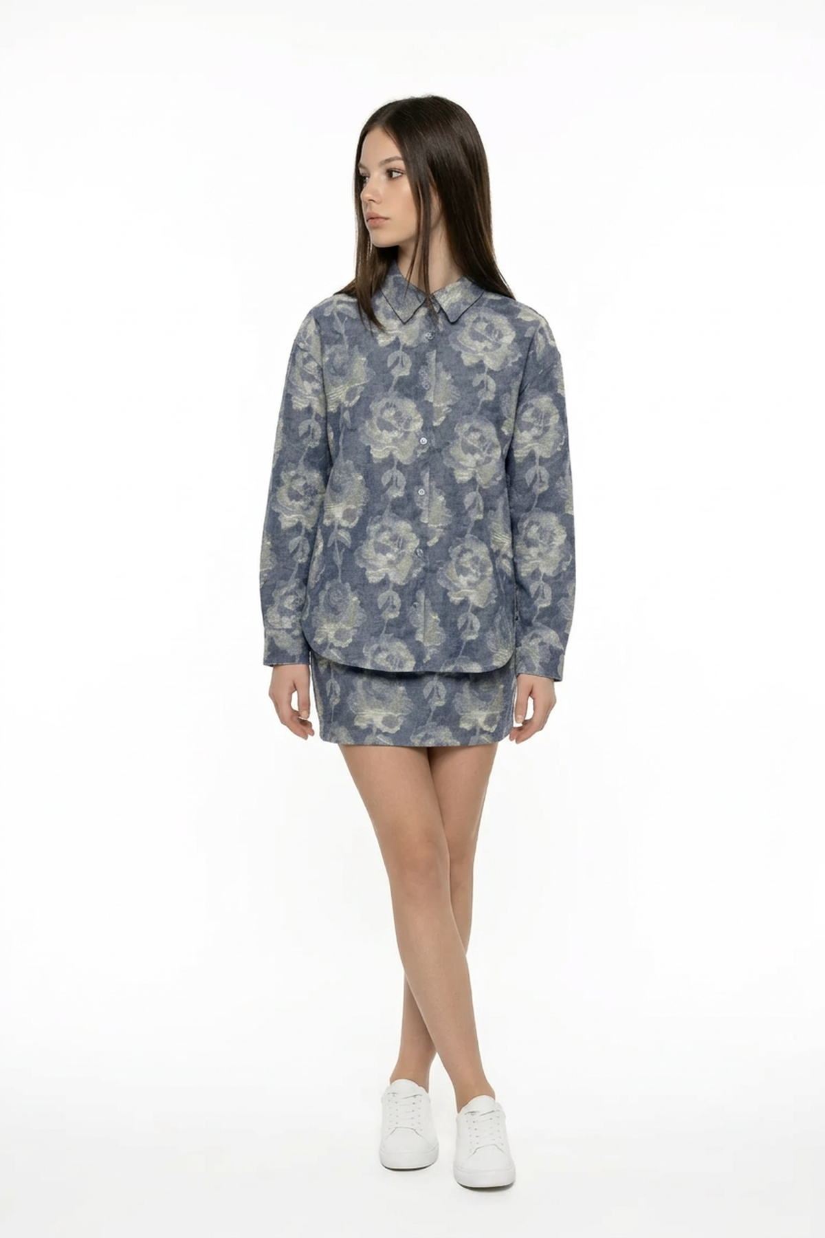 Gül Desenli Oversize Gömlek BLUE