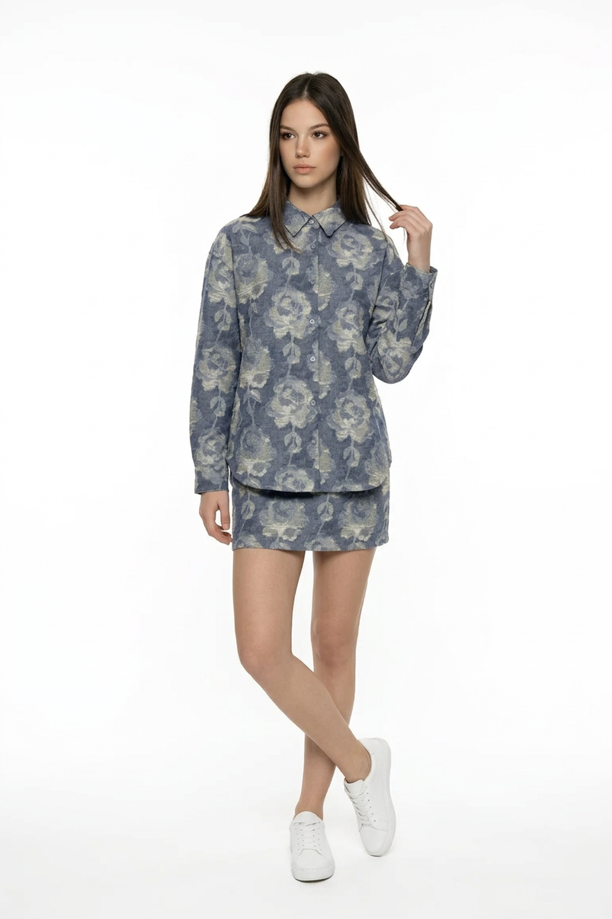 Gül Desenli Oversize Gömlek BLUE