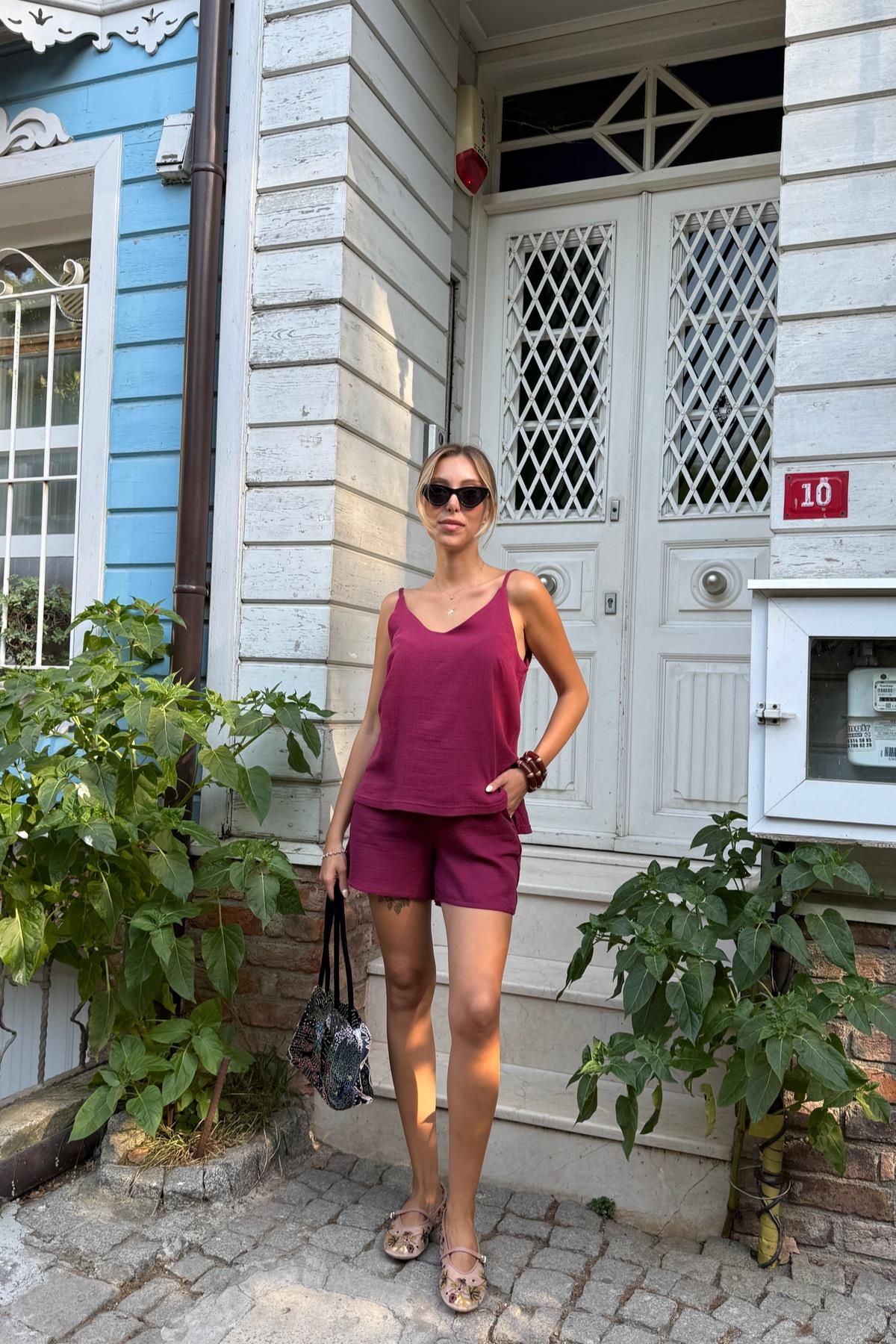 Kadın Askılı Oversize Bluz BORDO