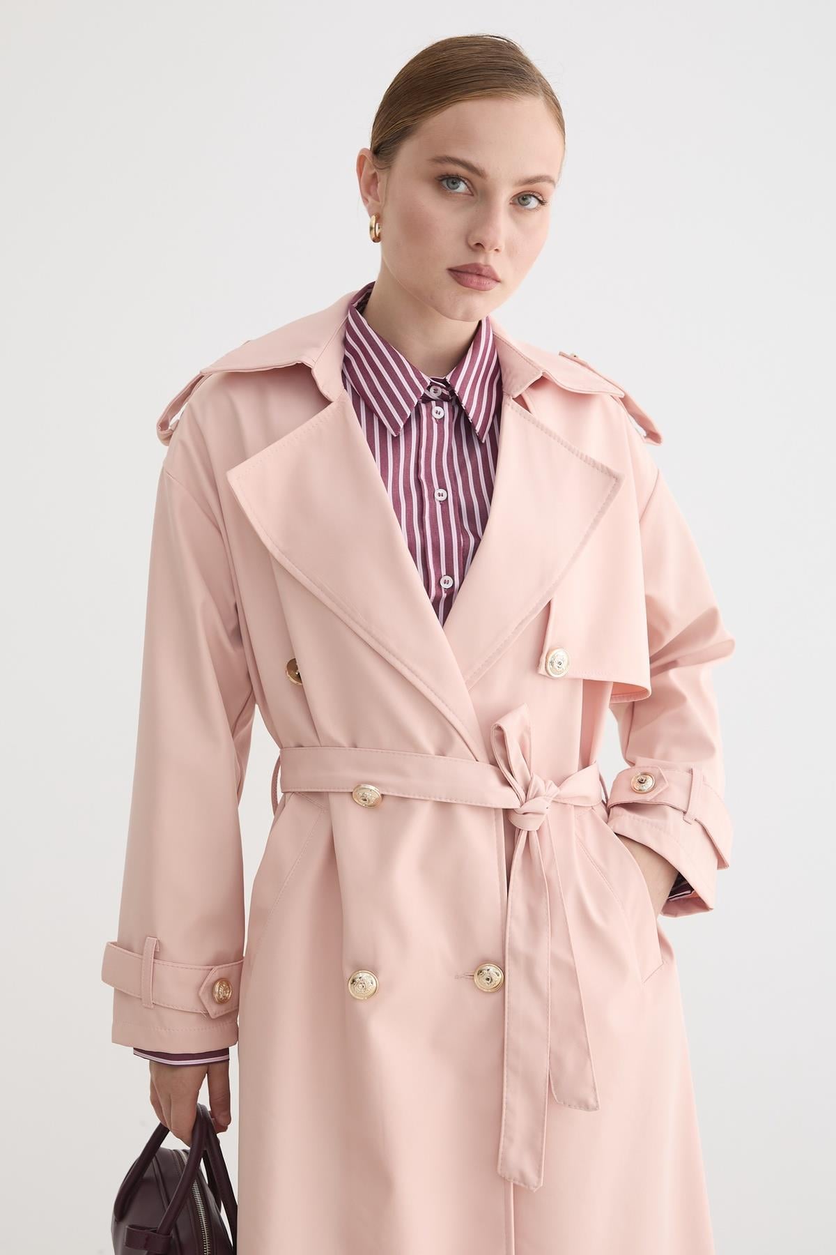 Kadın Bağlamalı Uzun Trençkot PUDRA