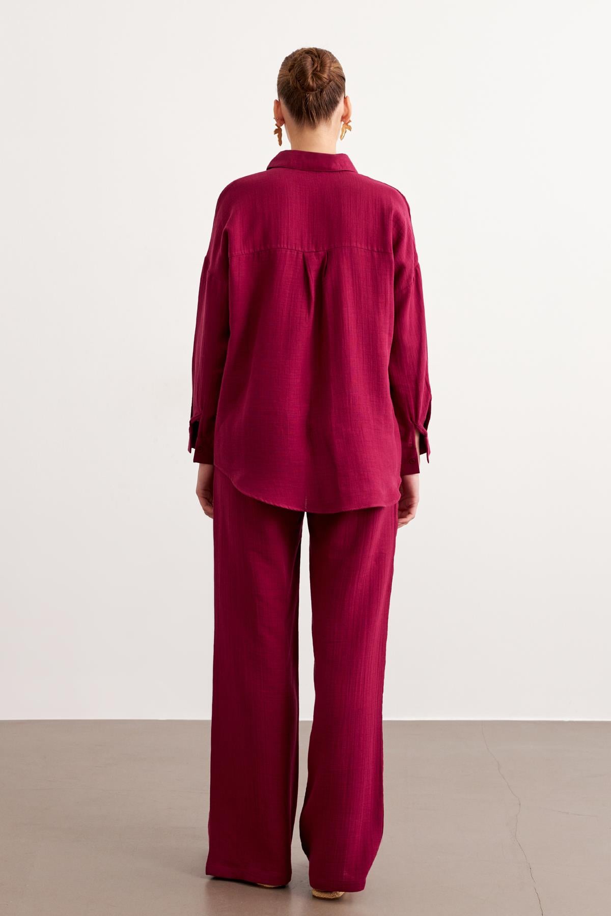 Kadın Uzun Kollu Oversize Müslin Gömlek BORDO