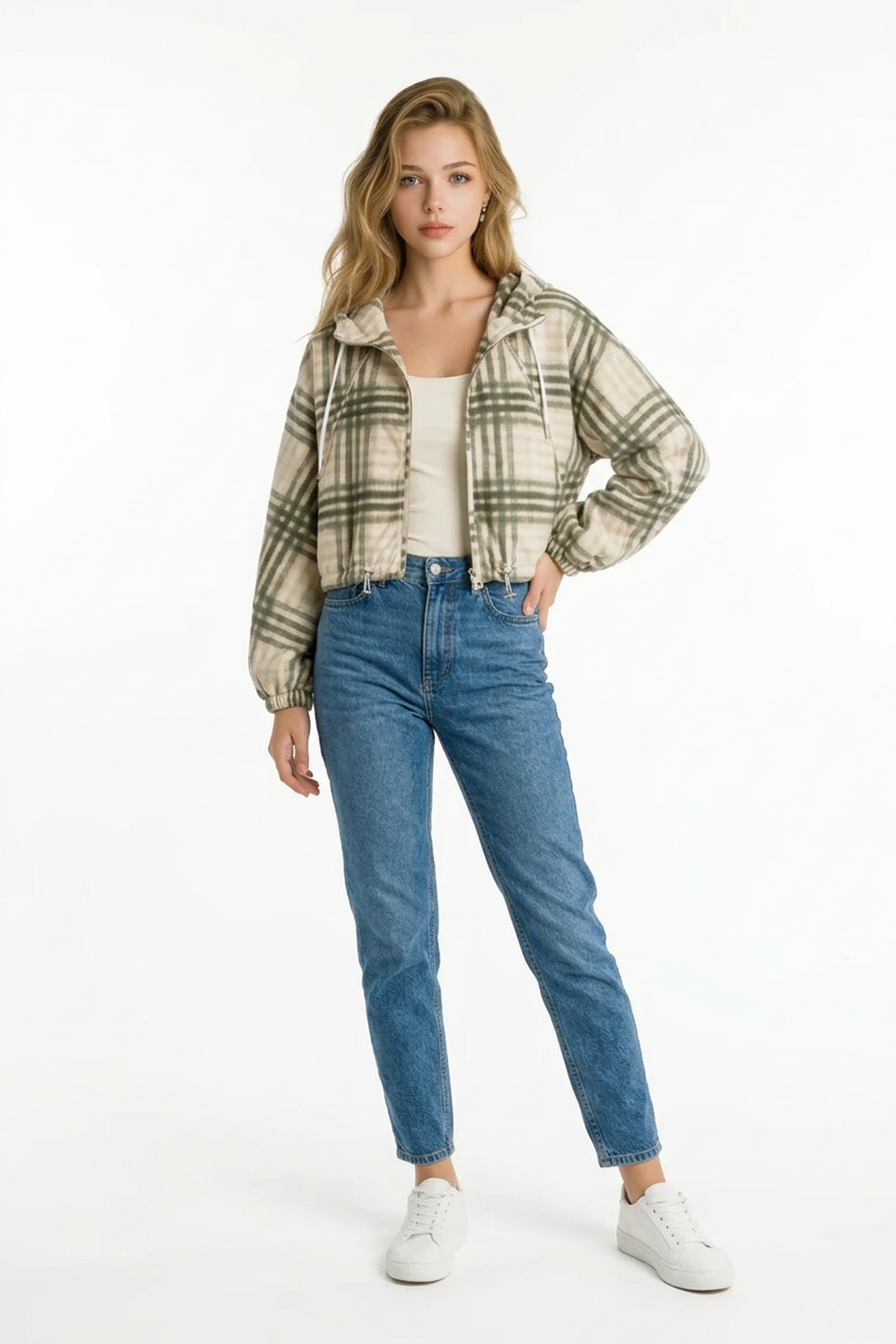 Kapüşonlu Ekose Yağmurluk HAKİ