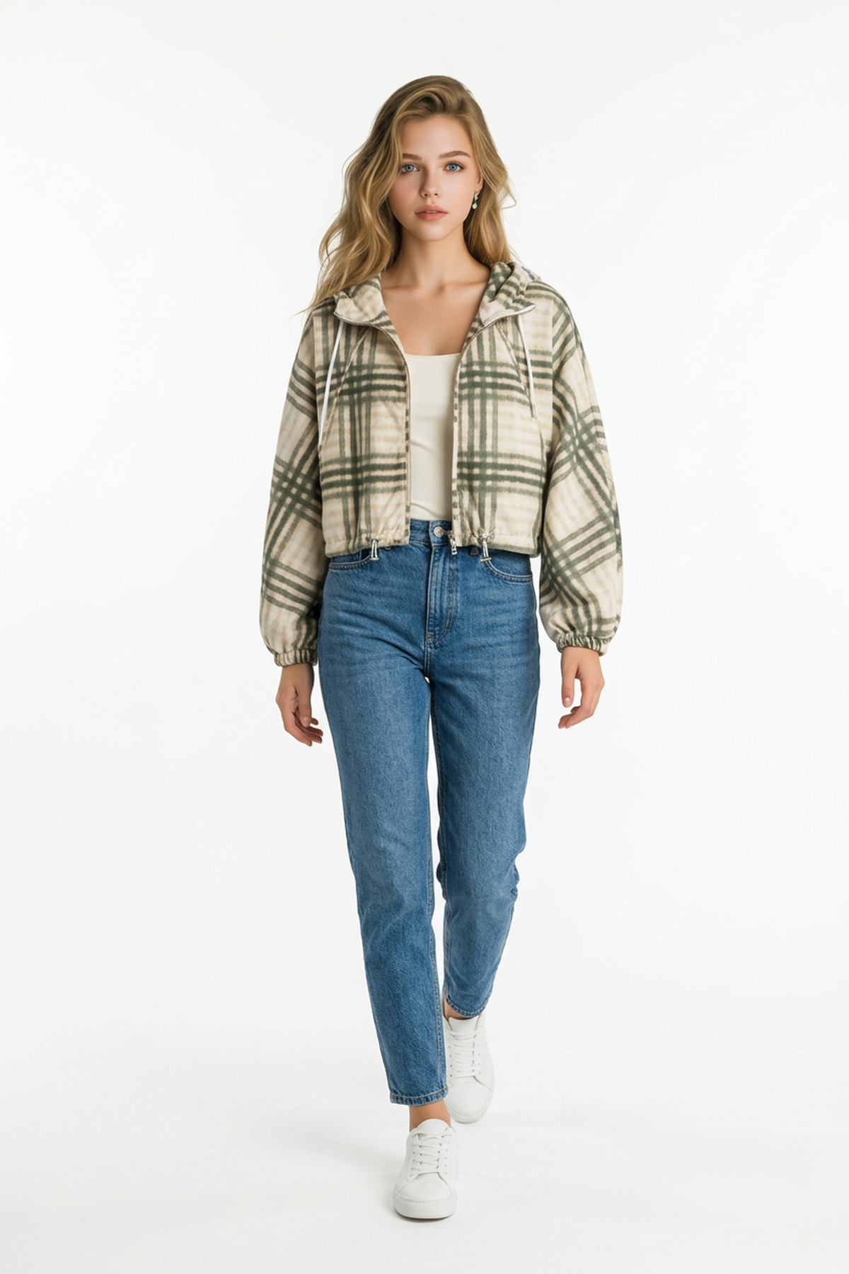 Kapüşonlu Ekose Yağmurluk HAKİ