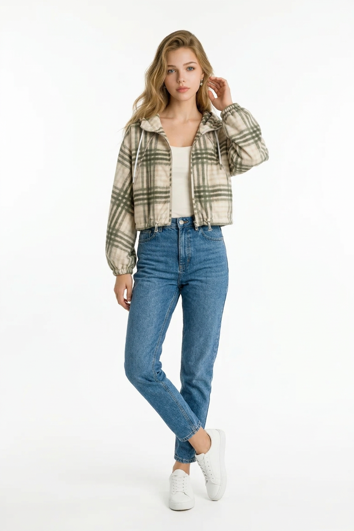 Kapüşonlu Ekose Yağmurluk HAKİ