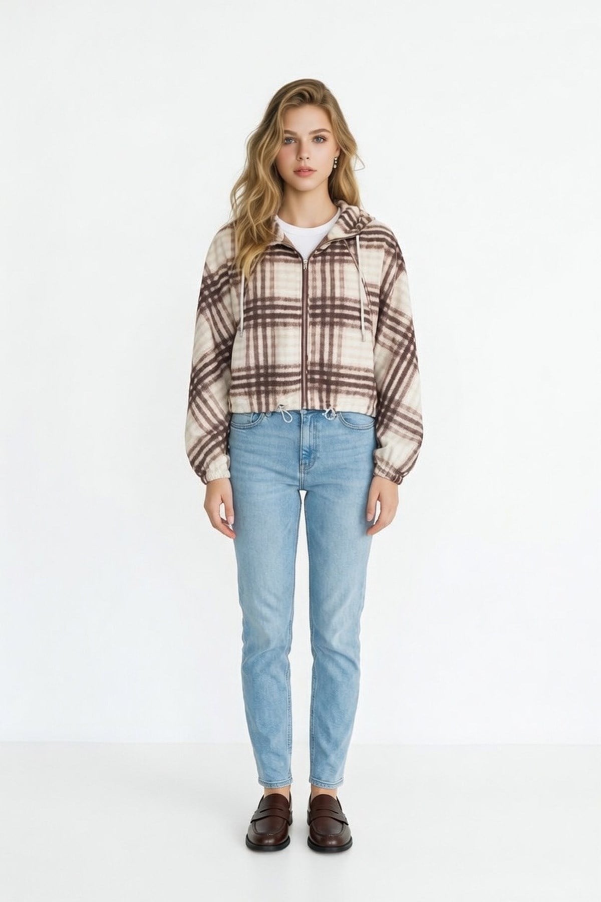 Kapüşonlu Ekose Yağmurluk KAHVE