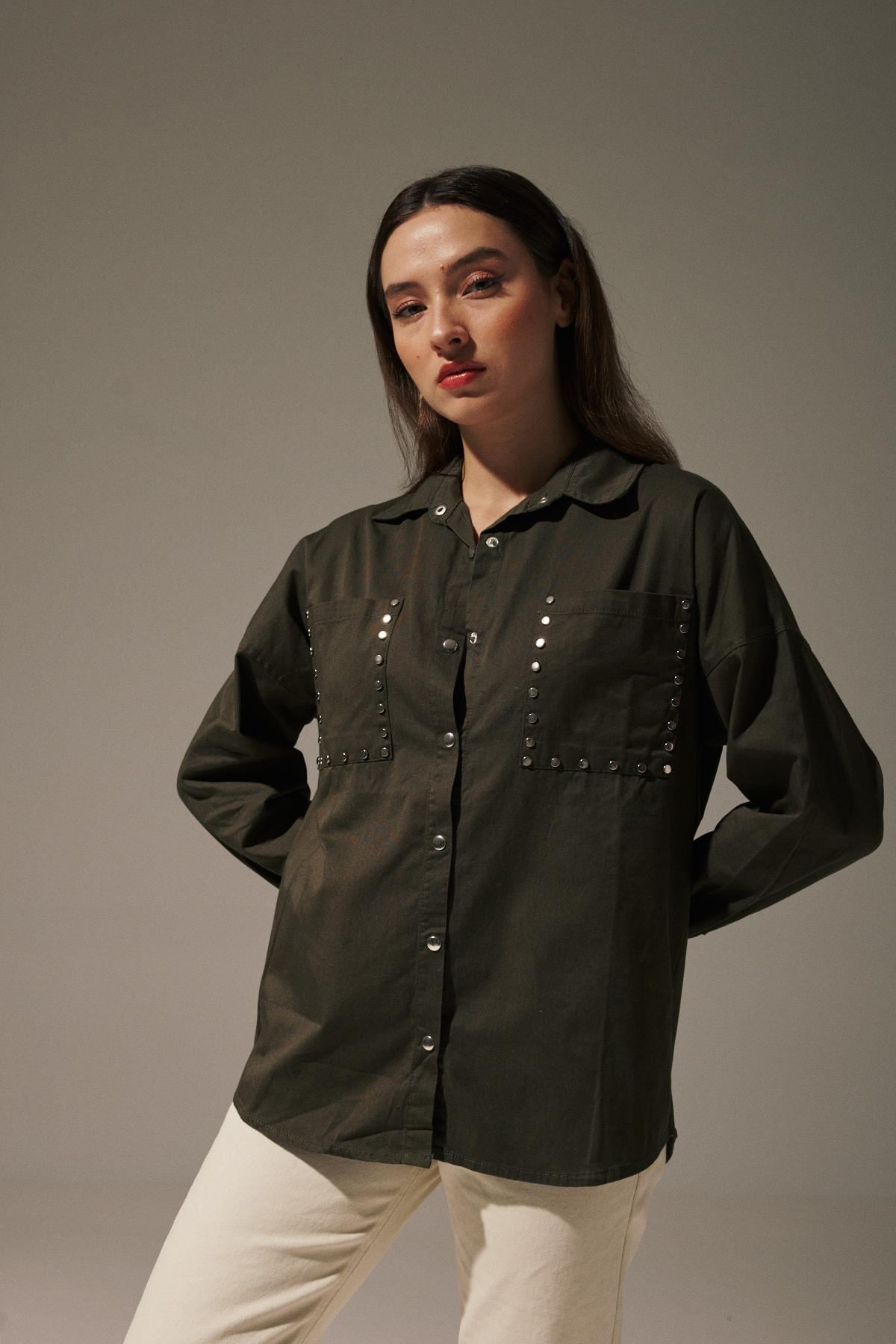 Gabardin Önü Zımbalı Kadın Gömlek HAKİ