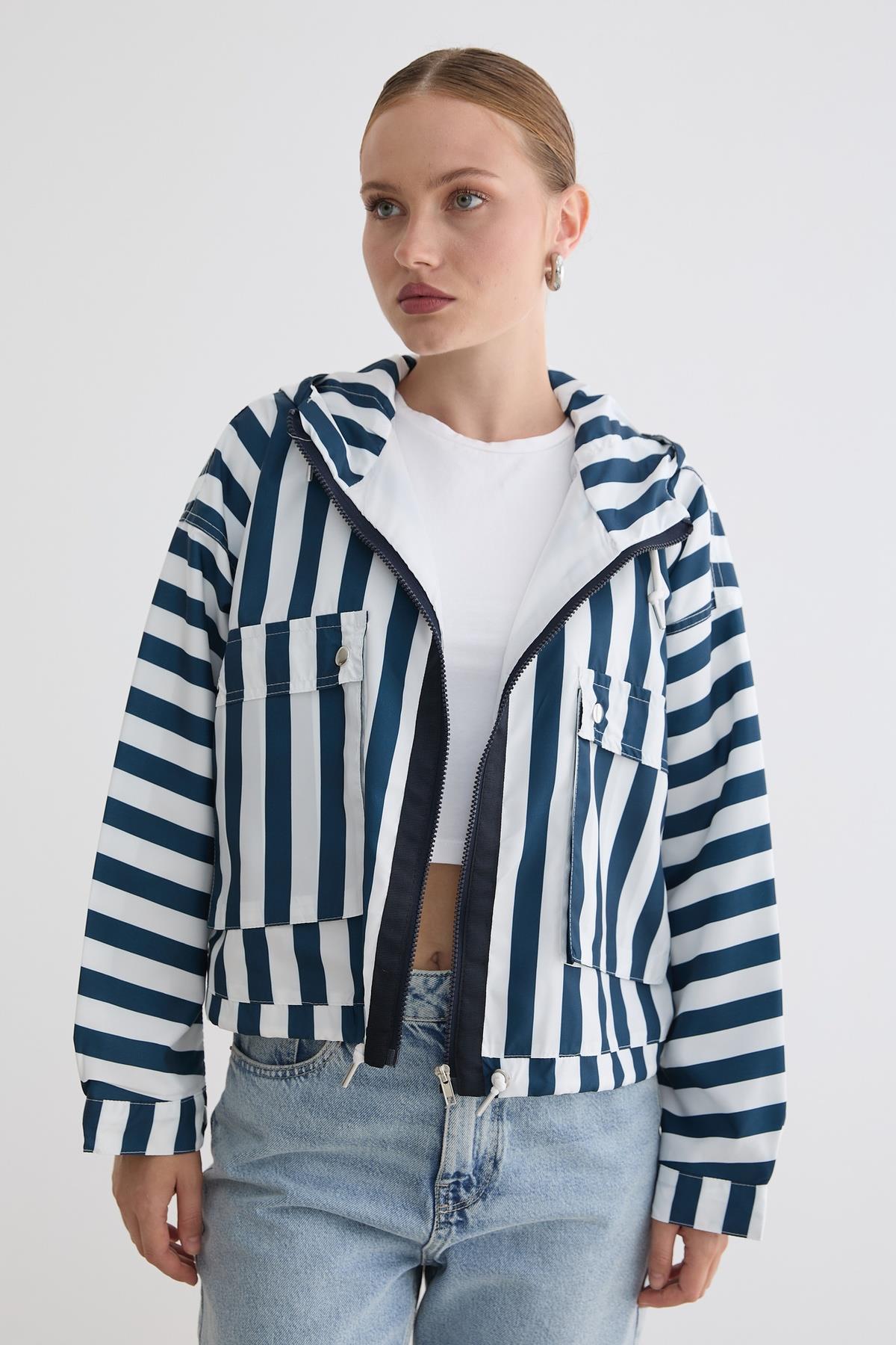 Marine Çizgili Kapüşonlu Ceket LACİVERT ÇİZGİLİ