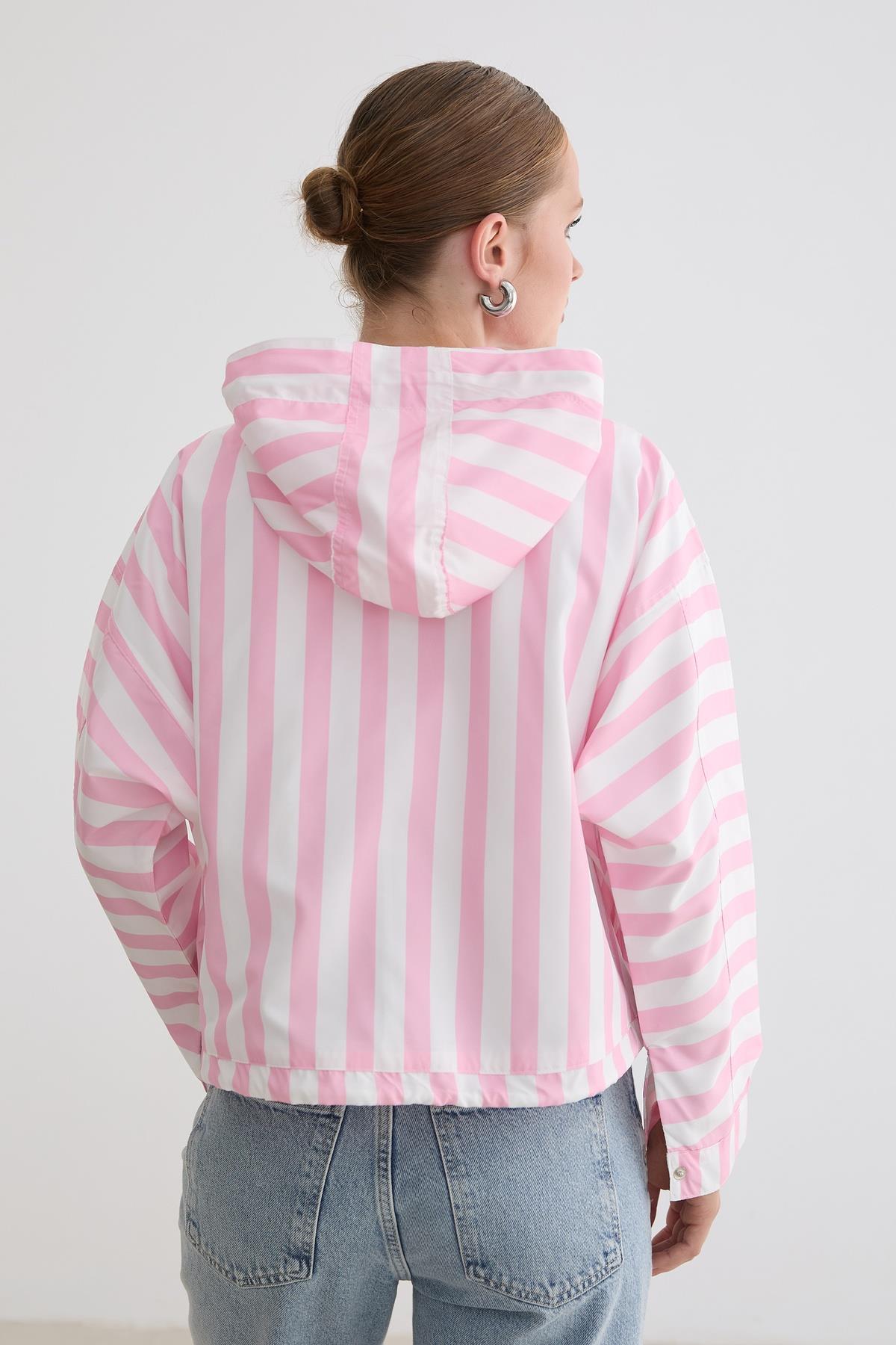 Marine Çizgili Kapüşonlu Ceket PEMBE ÇİZGİLİ