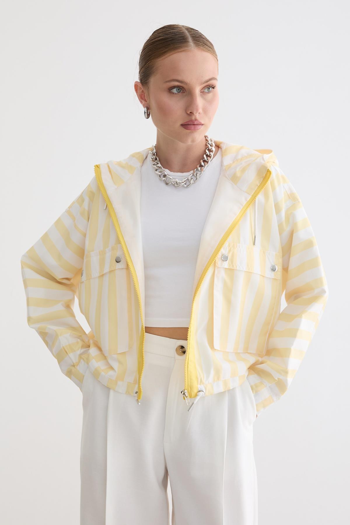 Marine Çizgili Kapüşonlu Ceket SARI ÇİZGİLİ