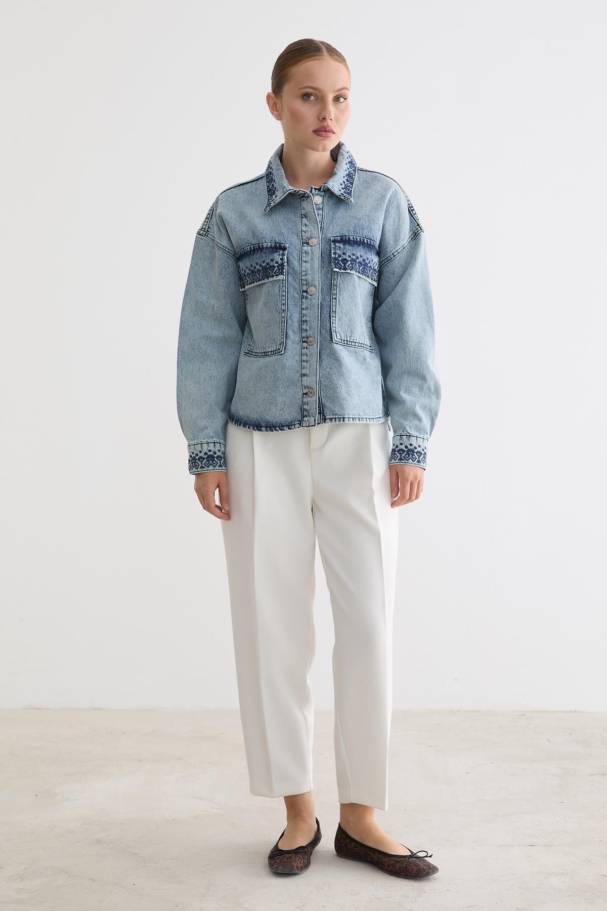 Nakış Detaylı Denim Kot Ceket BLUE