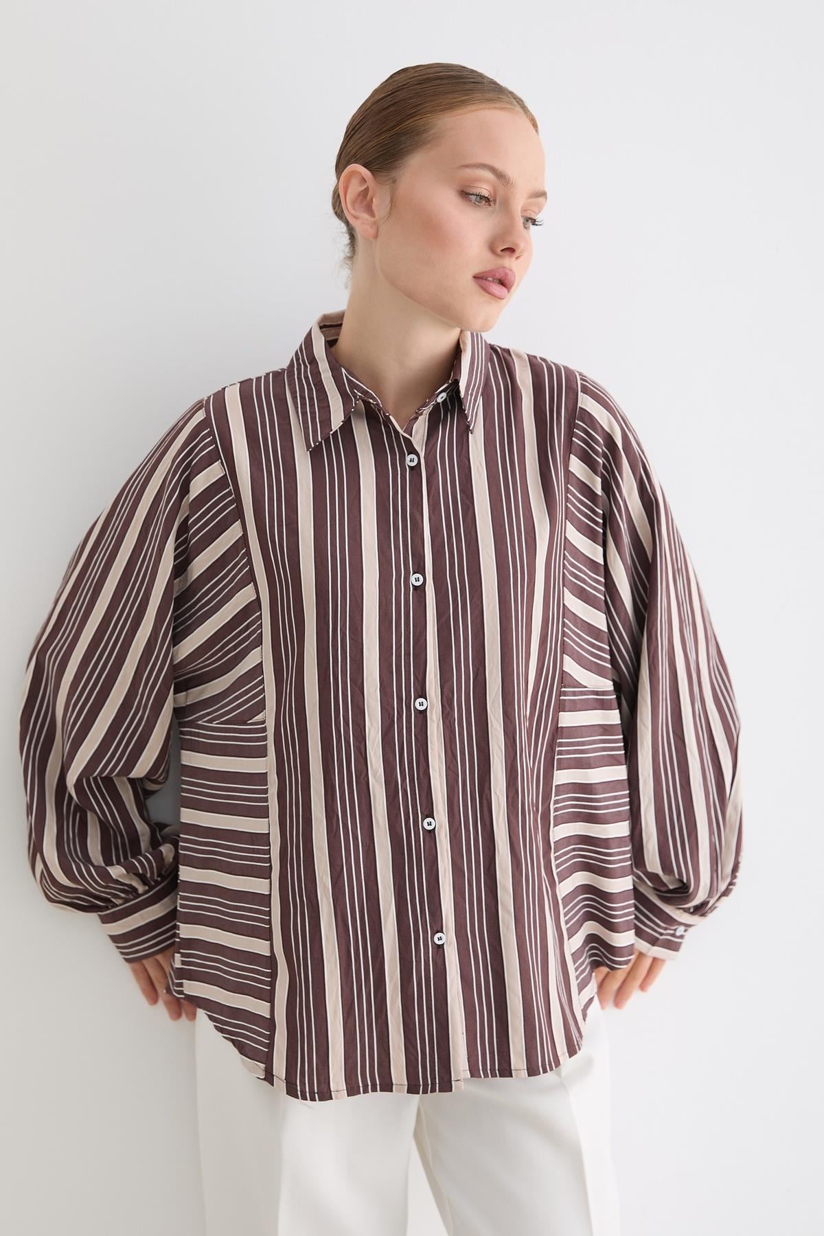 Önü Düğmeli Çizgili Oversize Gömlek KAHVE
