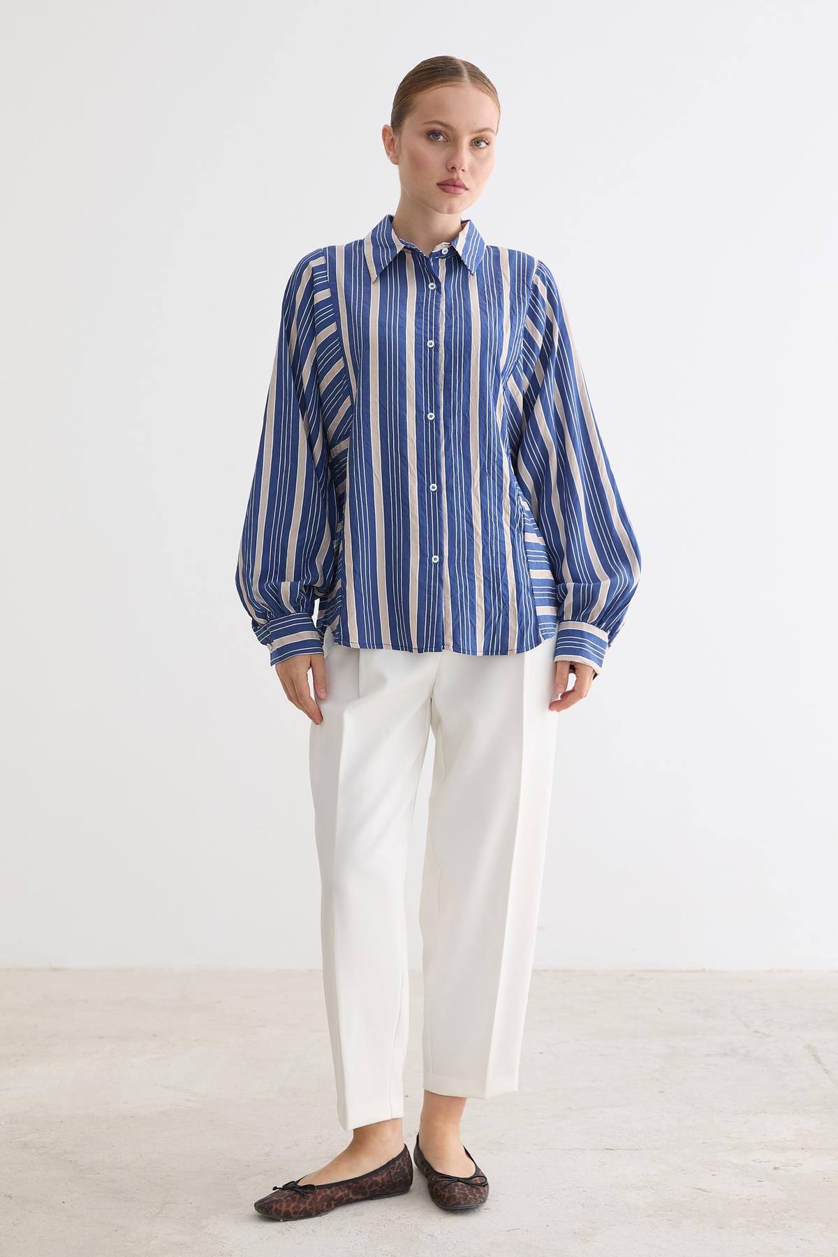 Önü Düğmeli Çizgili Oversize Gömlek LACİVERT