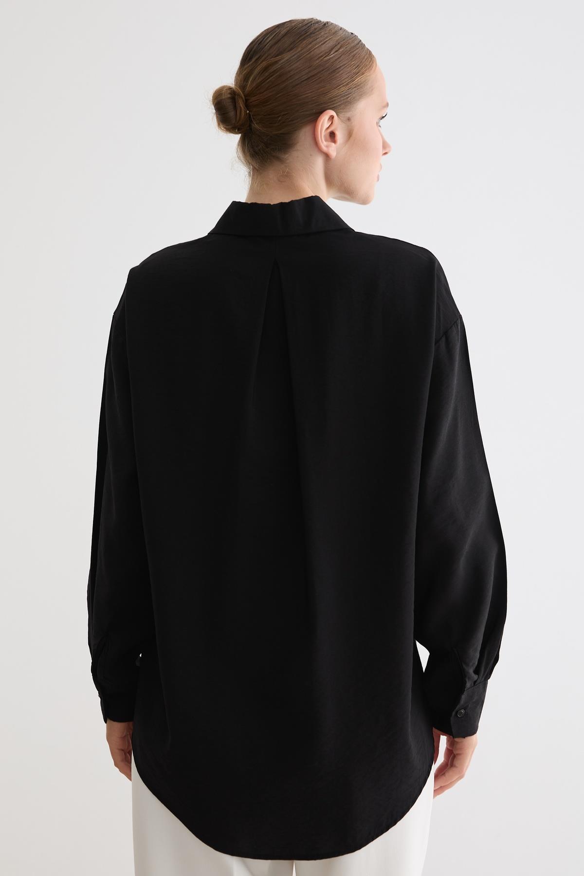 Önü Düğmeli Oversize Modal Gömlek SİYAH