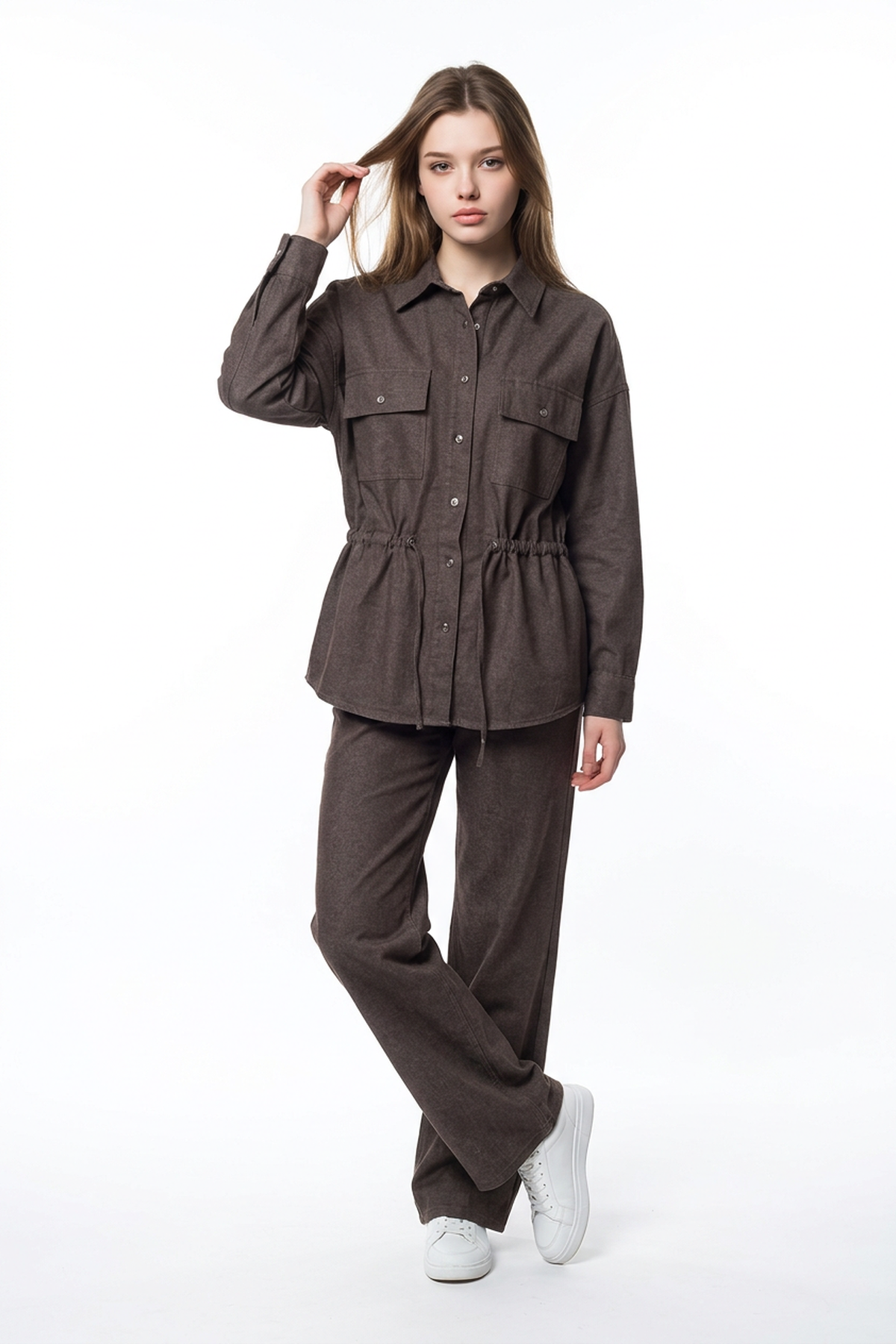 Oversize Beli Tünelli Cepli Gömlek KAHVE