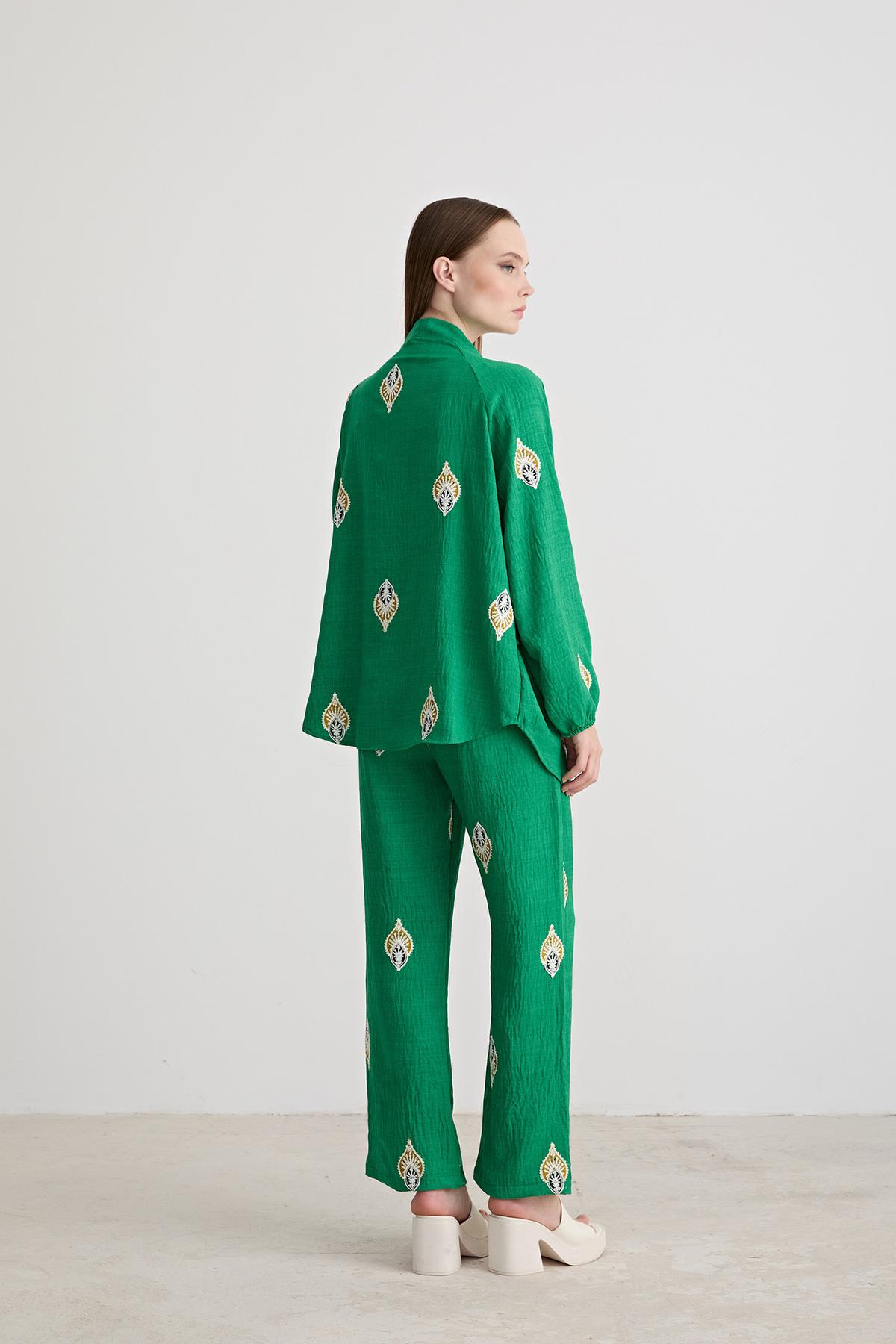 Şal Desenli Keten Pantolon BENETTON YEŞİLİ