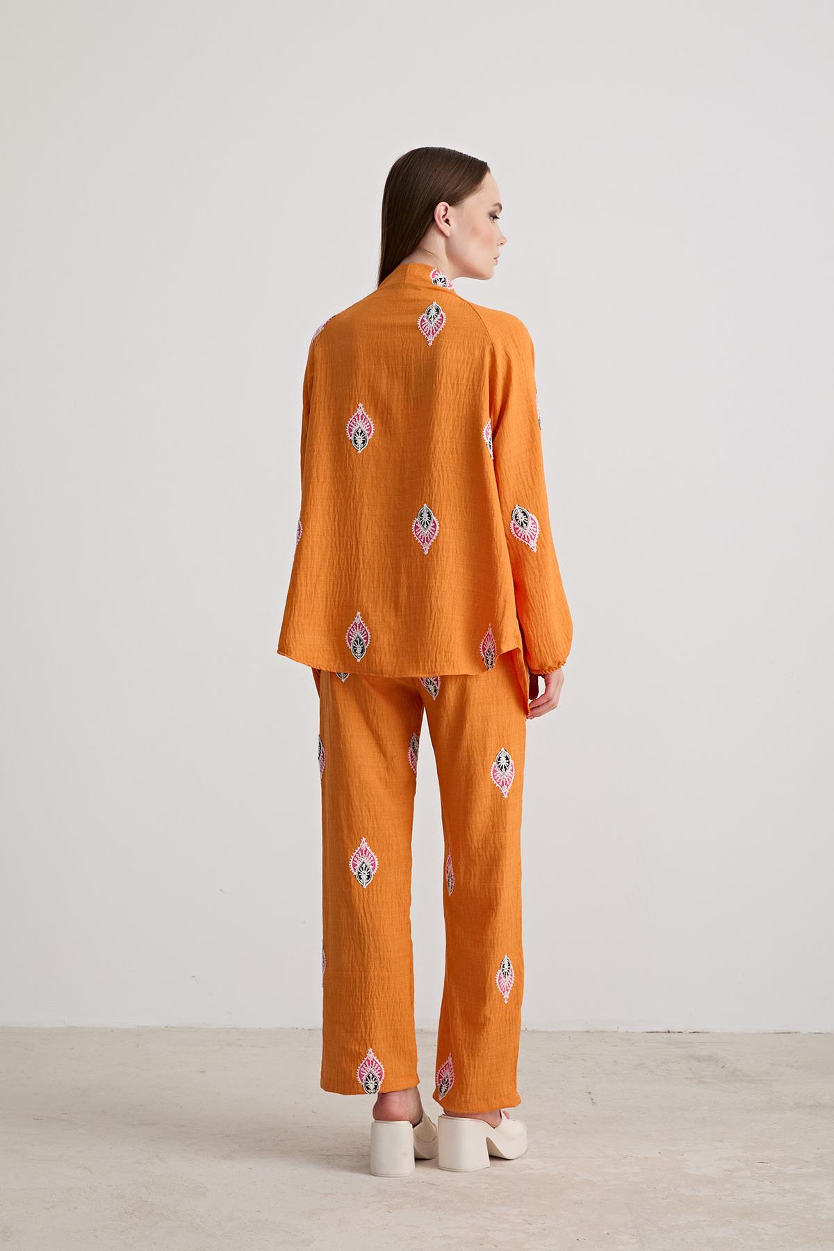 Şal Desenli Keten Pantolon ORANJ