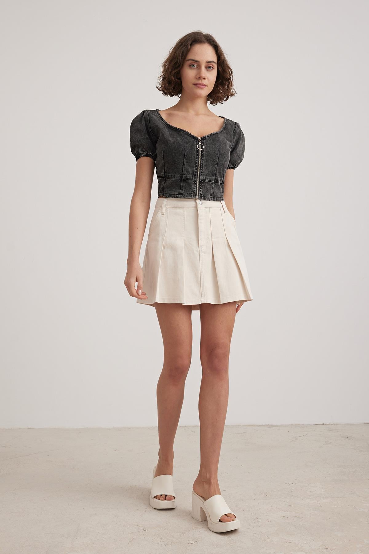 Kadın Fermuarlı Crop Kot Bluz BLACK