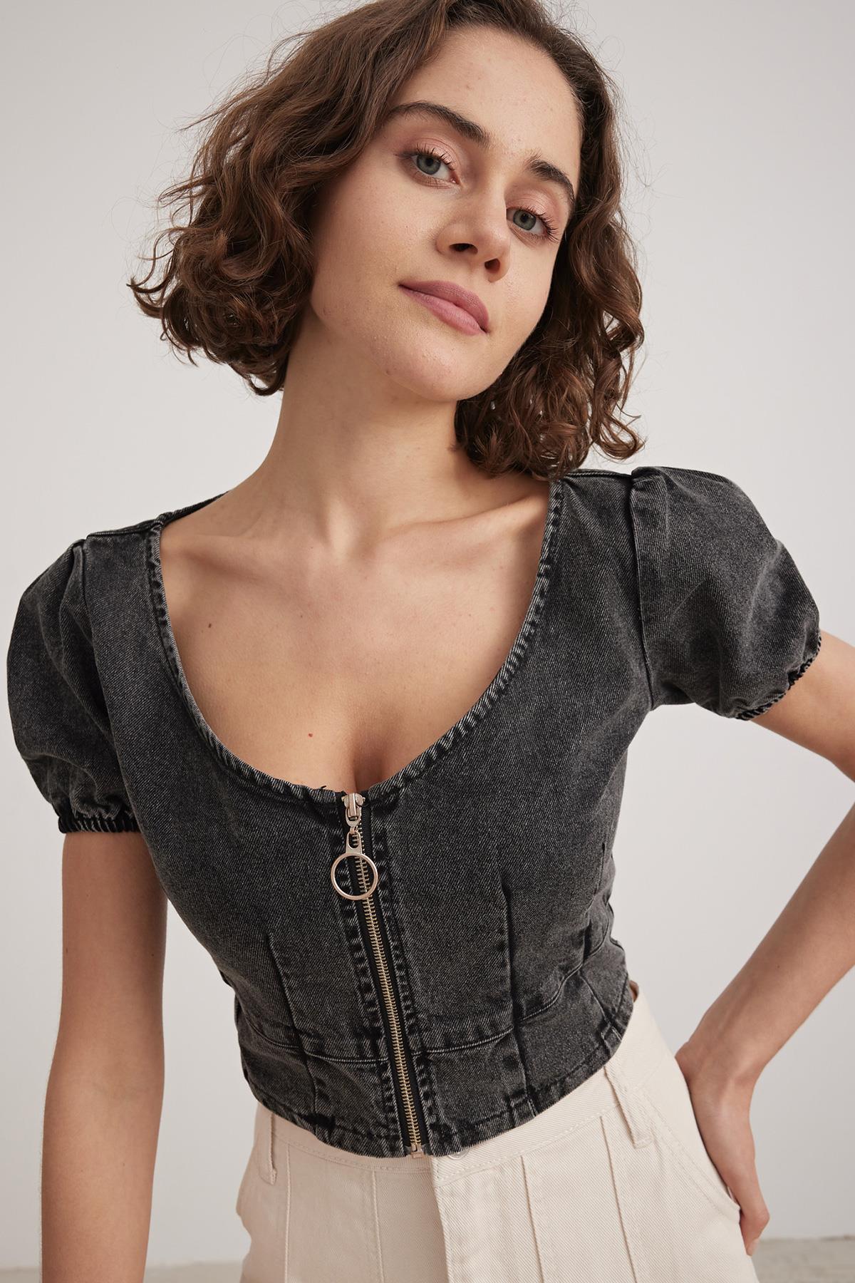 Kadın Fermuarlı Crop Kot Bluz BLACK